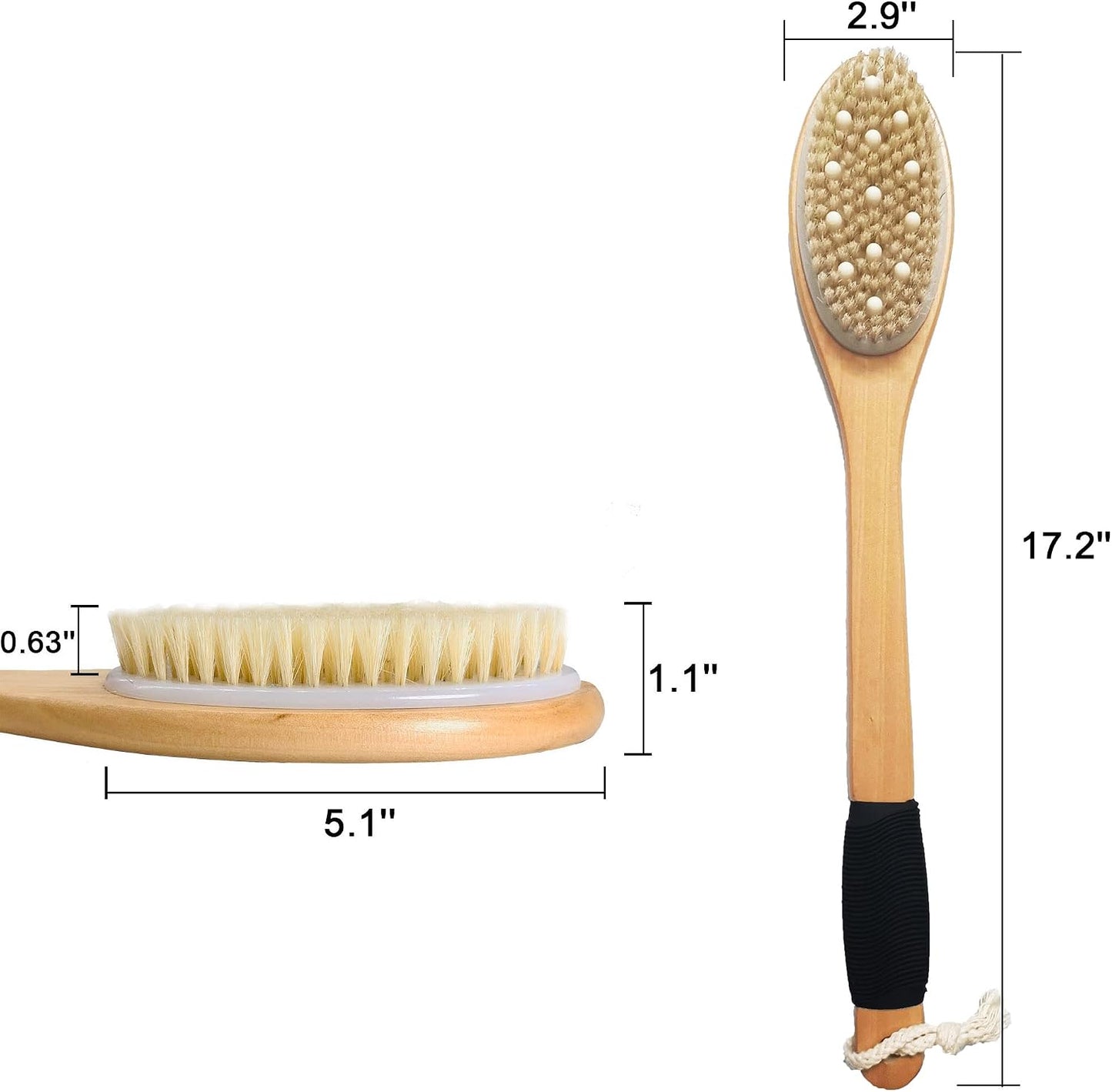 OWIIZI Bath Brush with Cellulite Massagers, Wooden Curved Long Handle Antiskid Dry Brushing Body Brush for Exfoliating, Natural Bristle Back Scrubber for Shower Use Wet or Dry for Men Women Elders