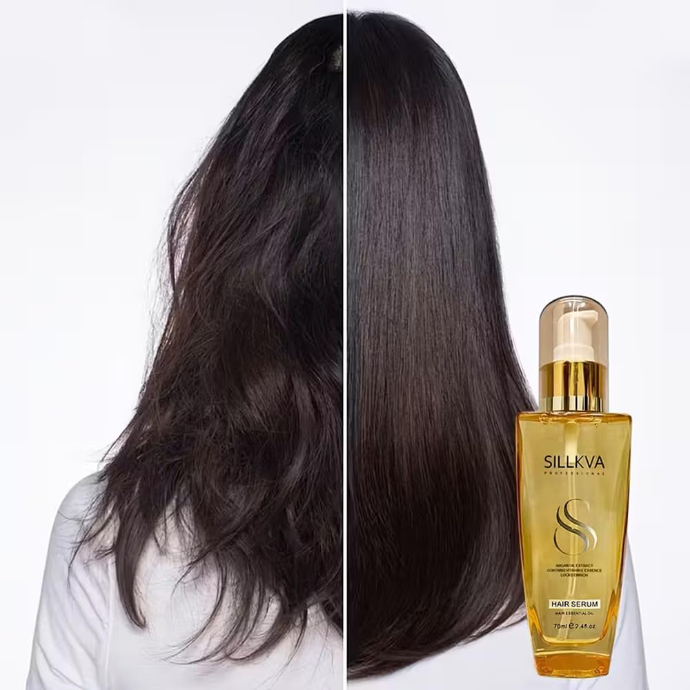 SILLKVA PROFESSIONAL Argan Oil Hair Serum 2.4oz for All Hair Types with Vitamin Essence Smooths Frizz Moisturizes & Enhances Shine - Best Gift