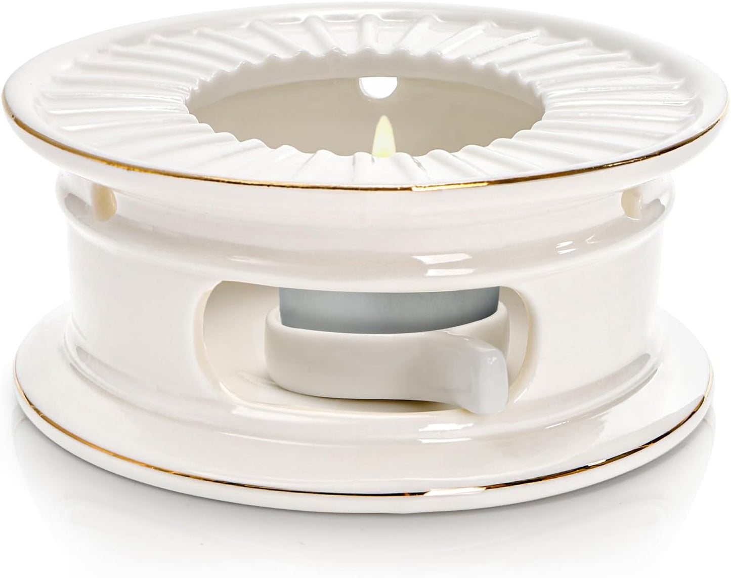 Ceramic Teapot Warmer, Gold Rim Teapot Heater with Tealight Holder, White Porcelain Tea Kettle Holder Warming Base for Heating Coffee, Milk, Water, Soup