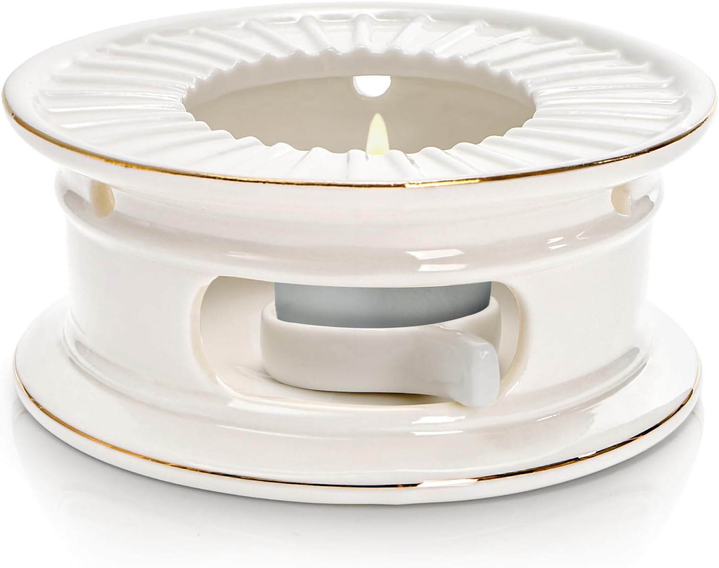 Ceramic Teapot Warmer, Gold Rim Teapot Heater with Tealight Holder, White Porcelain Tea Kettle Holder Warming Base for Heating Coffee, Milk, Water, Soup