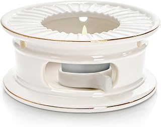 Ceramic Teapot Warmer, Gold Rim Teapot Heater with Tealight Holder, White Porcelain Tea Kettle Holder Warming Base for Heating Coffee, Milk, Water, Soup