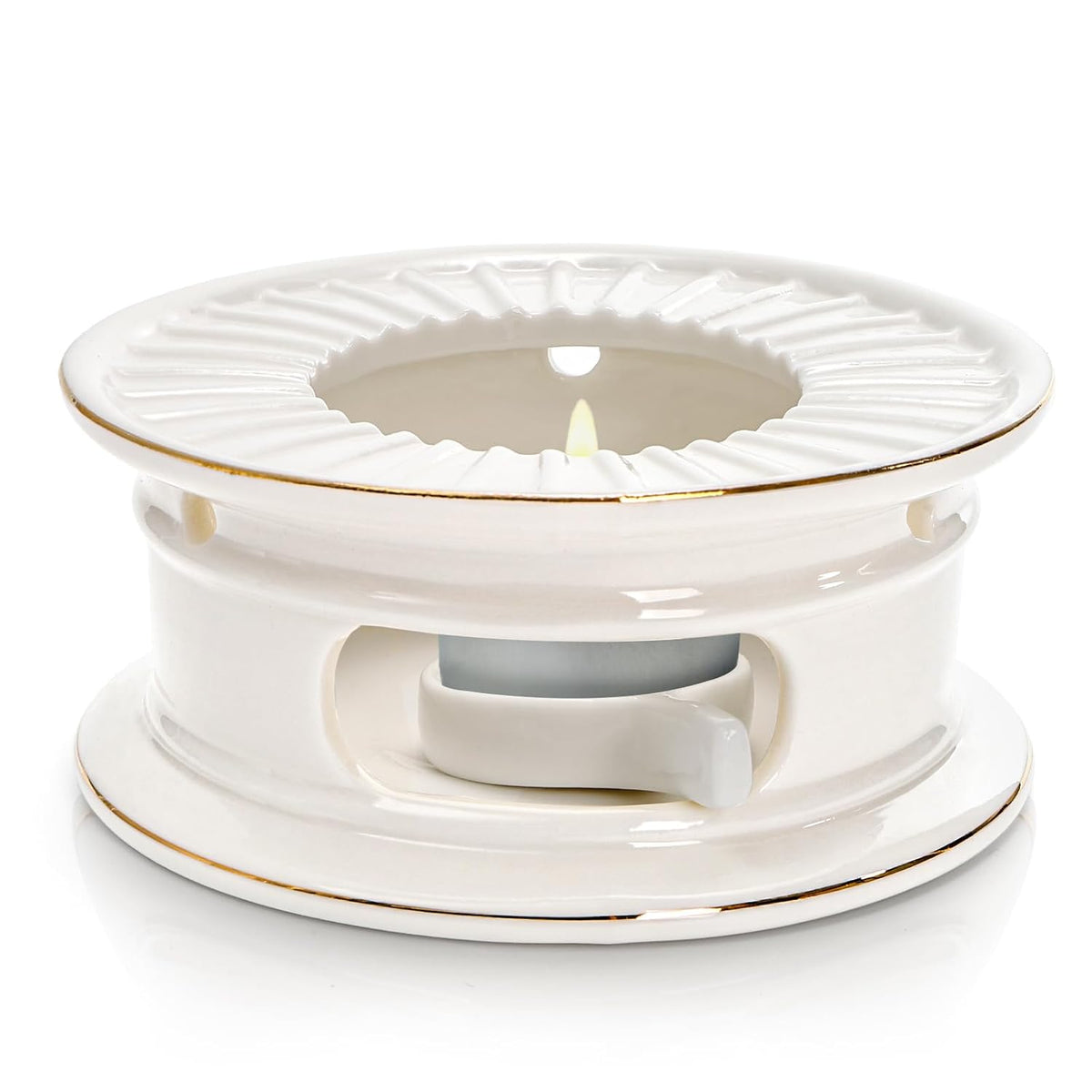 Ceramic Teapot Warmer, Gold Rim Teapot Heater with Tealight Holder, White Porcelain Tea Kettle Holder Warming Base for