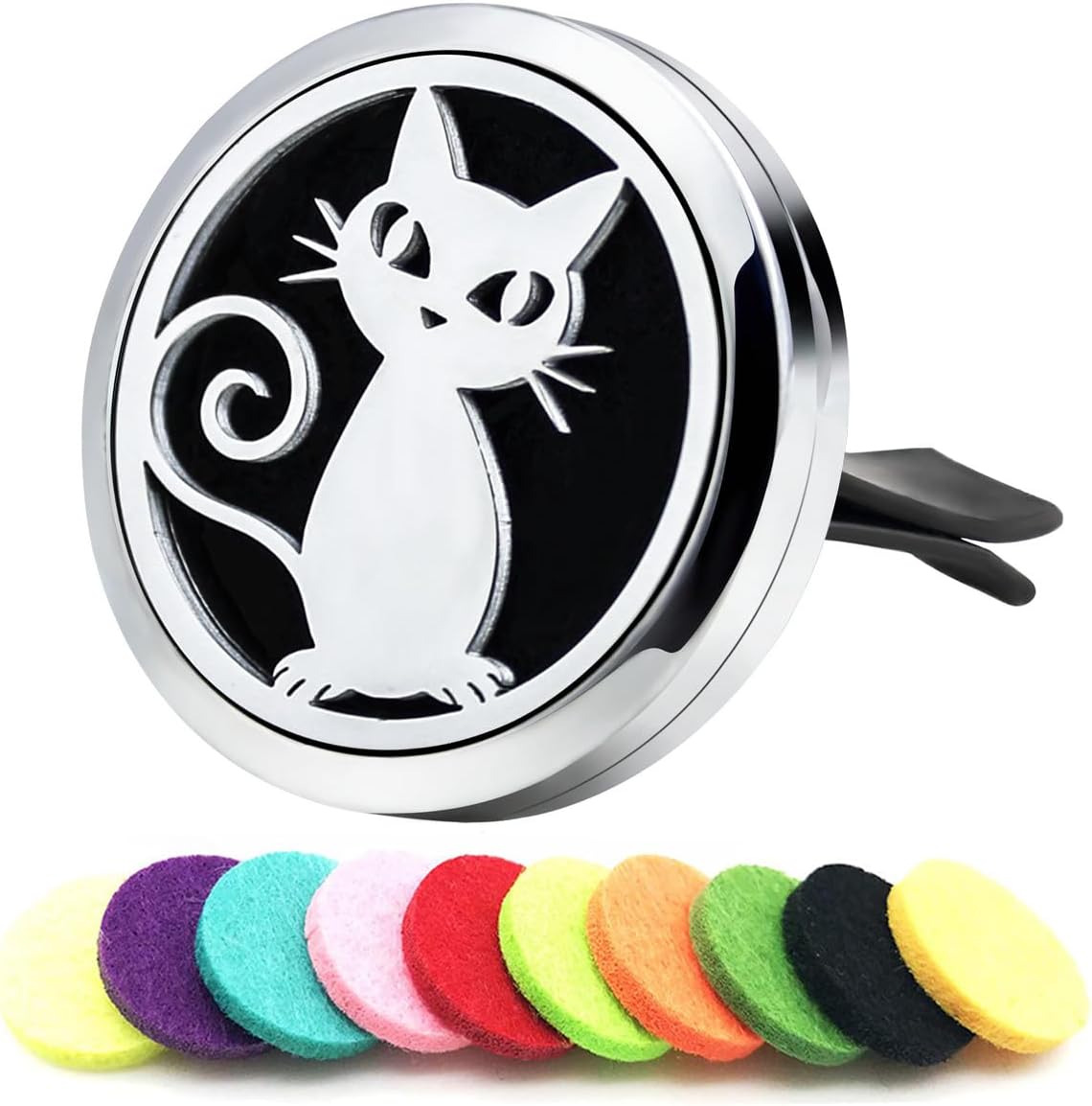 30mm Car Essential Oil Diffuser Vent Clip Christmas Car Accessories for Women Locket with Vent Clips 10 Felt Pads(Cat Black)