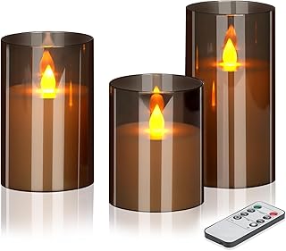 wemarry Flameless Candles 4" 5" 6" Acrylic Glass Pillars 3" Diameter Battery Operated Flickering Candles Include 8-Key Remote with Timer Function 400+ Hours (Gray, Warm Light 3 Pack)
