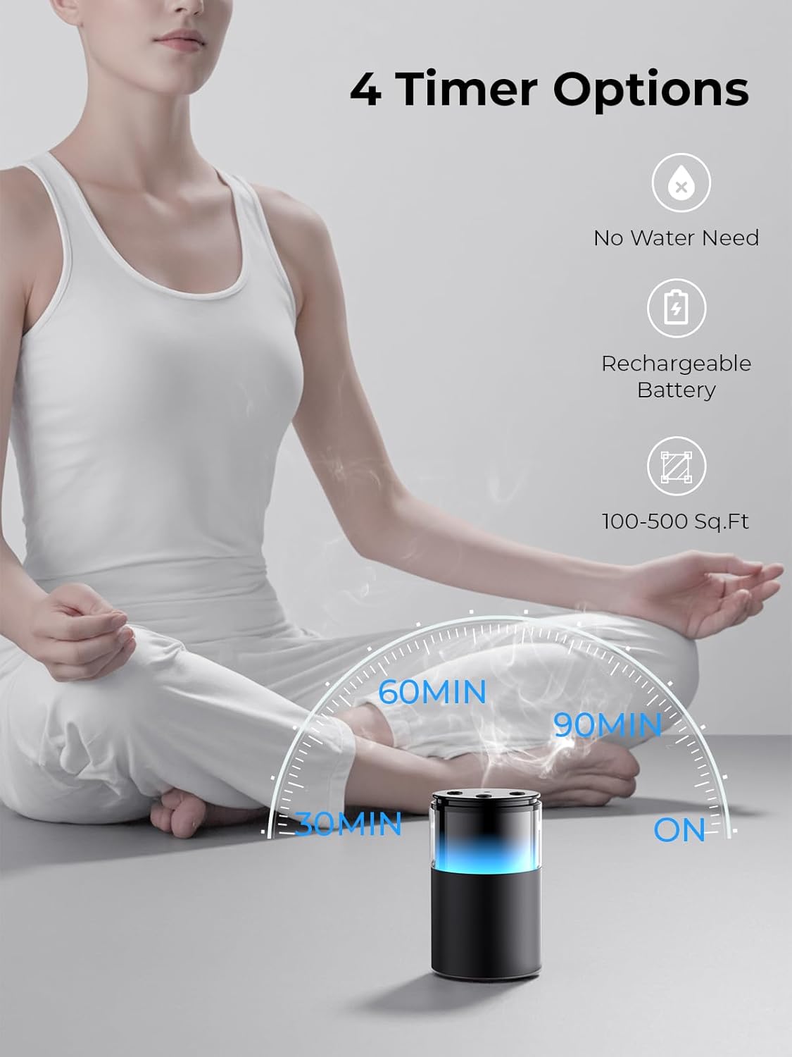 Waterless Essential Oil Diffuser: 𝟗 𝐂𝐨𝐥𝐨𝐫𝐬 𝐋𝐄𝐃 Scent Diffuser for Home&Car&Office - Portable Diffuser with 48H Battery, 4 Timers & 3 Mist Levels, Charcoal Black