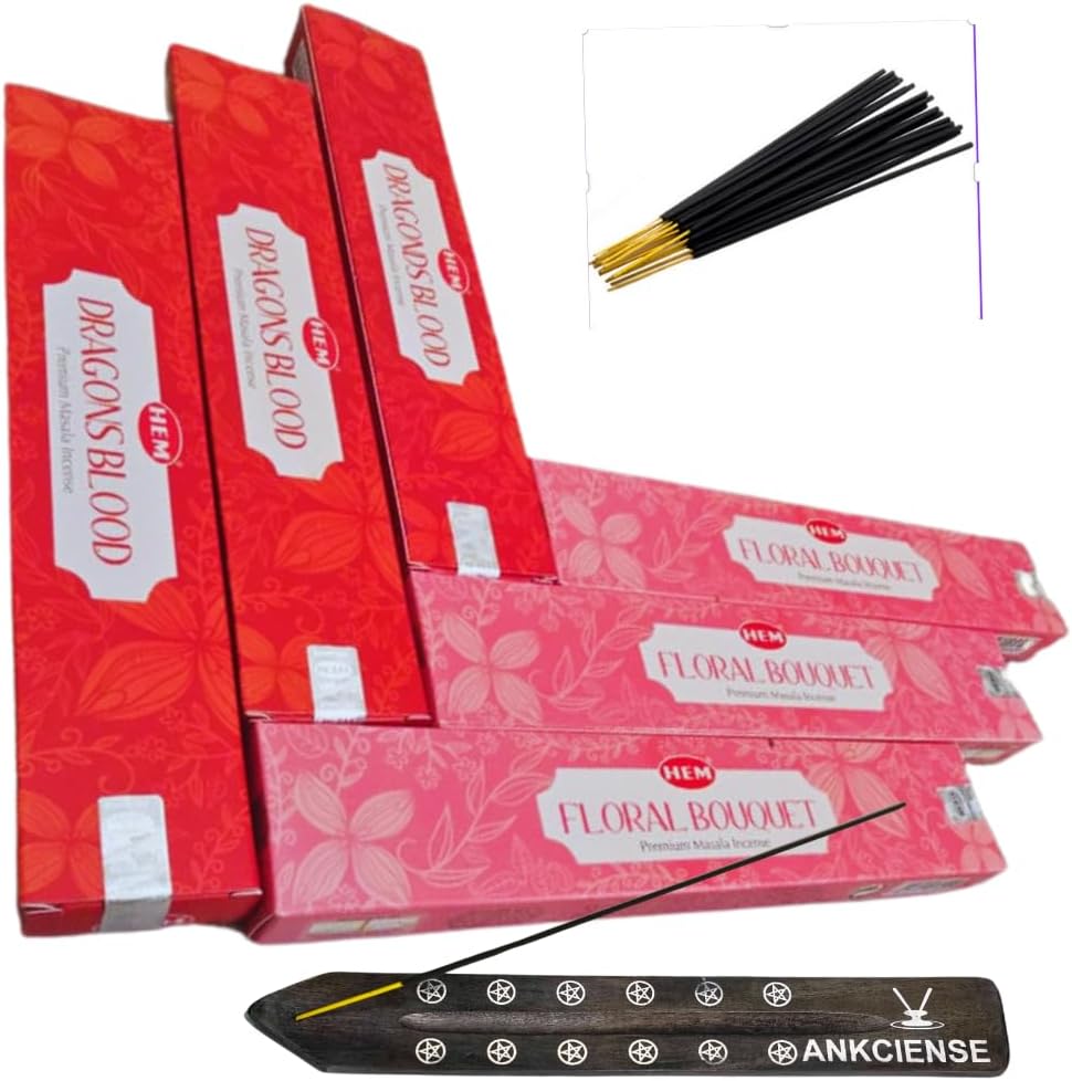 Hem Masala Incense Pack of 3 Each Fragrance, Bundled with ANKCIENSE Incense Holder (Champa & Myrhh) (Dragon Blood & Floral Bouquet)