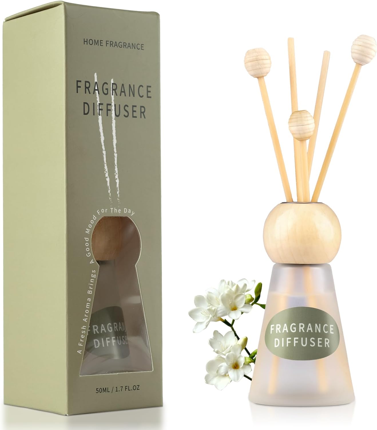 Reed Diffuser Set, Freesia Scent with Reed Sticks, 1.7 fl oz / 50ml Cone-Shaped Bottle with Round Wooden Cap, Ideal for Bathroom, Bedroom, Office, Home Fragrance for Shelf Decor Air Freshener