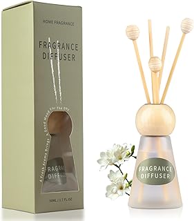 Reed Diffuser Set, Freesia Scent with Reed Sticks, 1.7 fl oz / 50ml Cone-Shaped Bottle with Round Wooden Cap, Ideal for Bathroom, Bedroom, Office, Home Fragrance for Shelf Decor Air Freshener