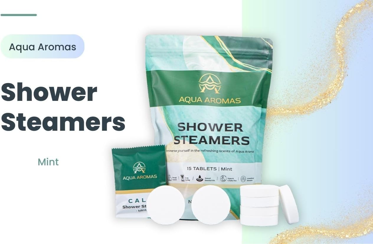 Aqua Aromas Shower Mint Steamers - Aromatherapy Shower Bombs with Mint Essential Oils, 15 Count - for Relaxation, Invigoration, Stress Relief & Wellness - Spa-Like Experience