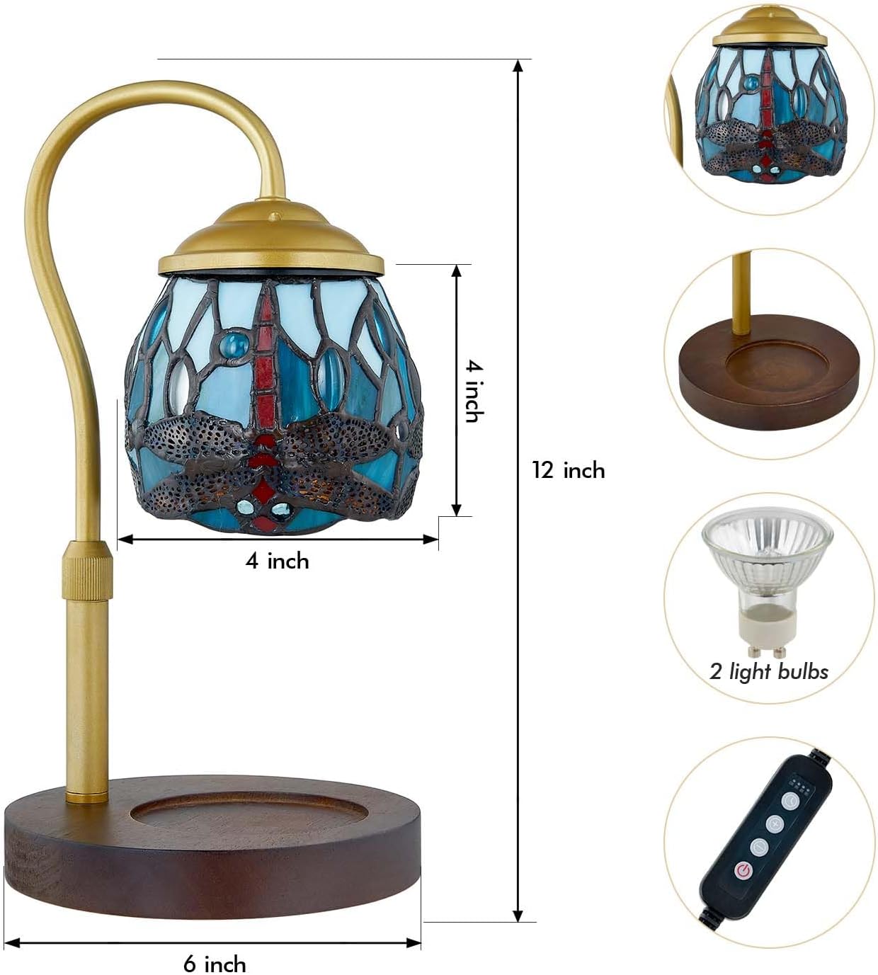 Dragonfly Tiffany-Style Candle Warmer Lamp with 2 Bulbs - Handcrafted Stained Glass, Height-Adjustable Timer & 4 Dimmer Levels, No Assembly Required, Fits Jars up to 5"
