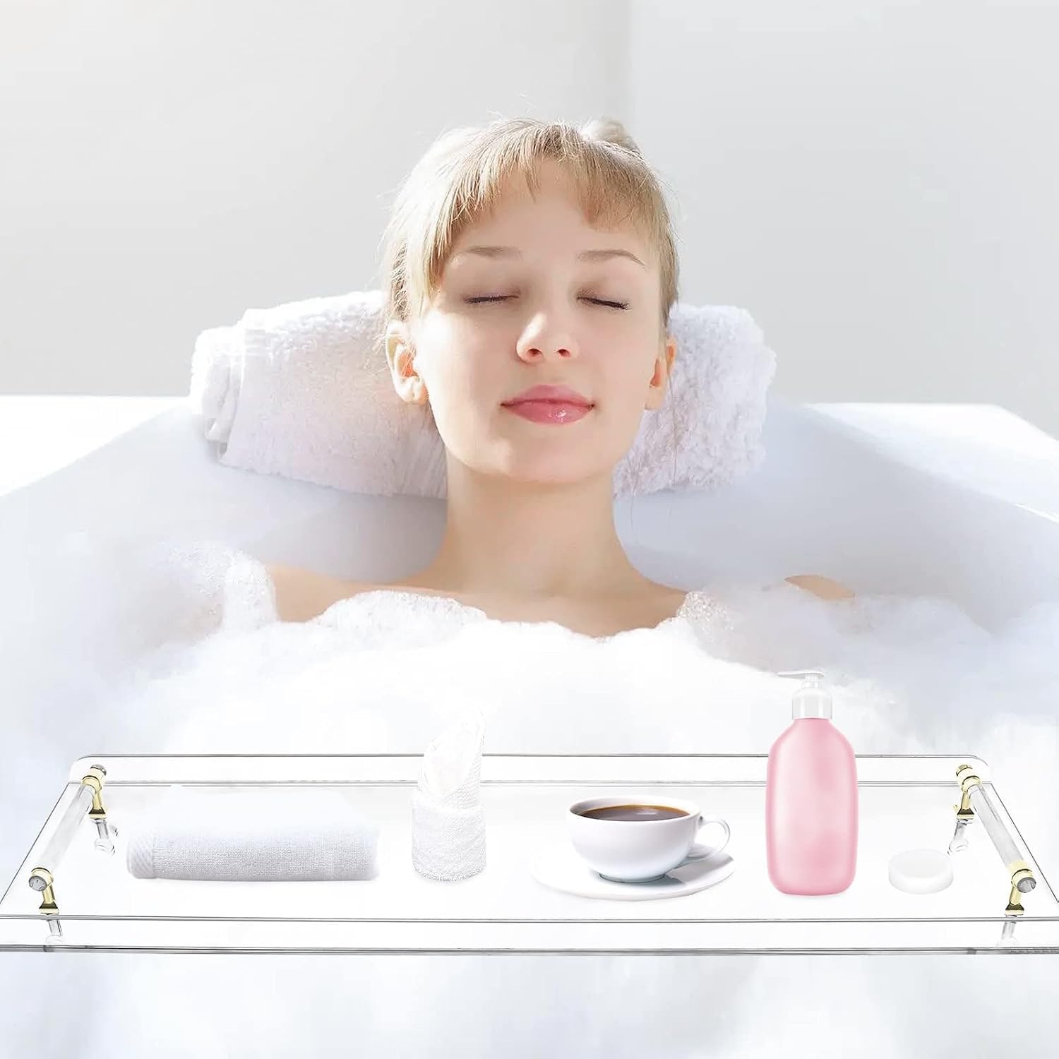 Acrylic Bathtub Caddy Tray Bathroom Rack, Clear Bath Shelf Table with Gold Handle, No-Assembly Bathtub Towel Tray, for Bathroom