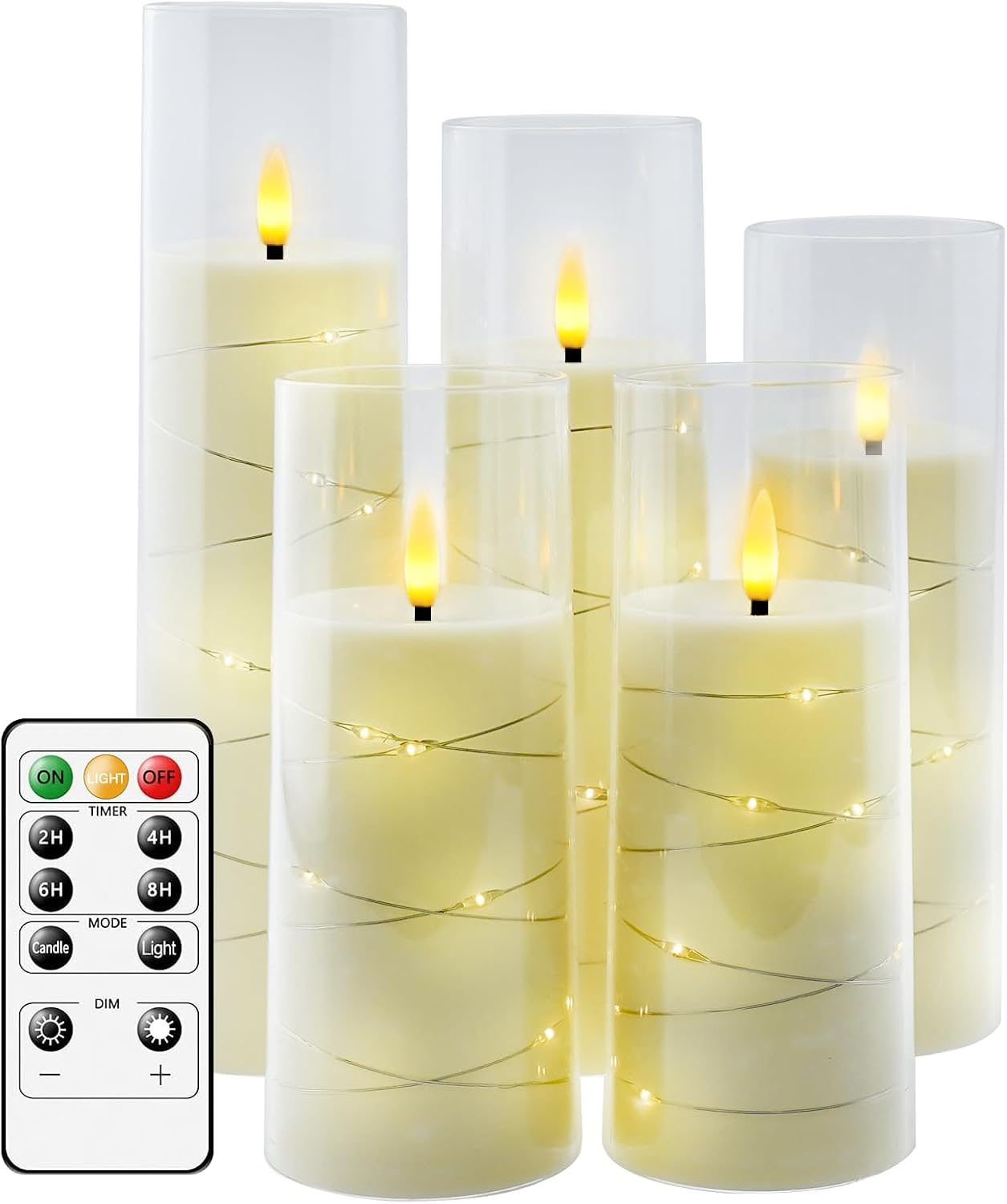 kakoya Flameless LED Candles with Timer 5 Pc Flickering Flameless Candles for Romantic Ambiance and Home Decoration Stable Acrylic Shell,with Embedded Star String，Battery Operated Candles（Ivory）