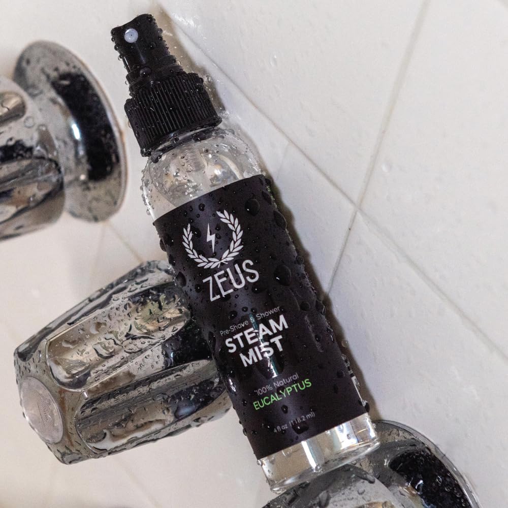 ZEUS Eucalyptus Steam Mist, Natural Aromatherapy Shower Spray (4 oz) | Created to Ease Congestion, Boost Clarity, Prep Skin for Grooming & Elevate Bath with Pure Eucalyptus Oil (Made in USA)