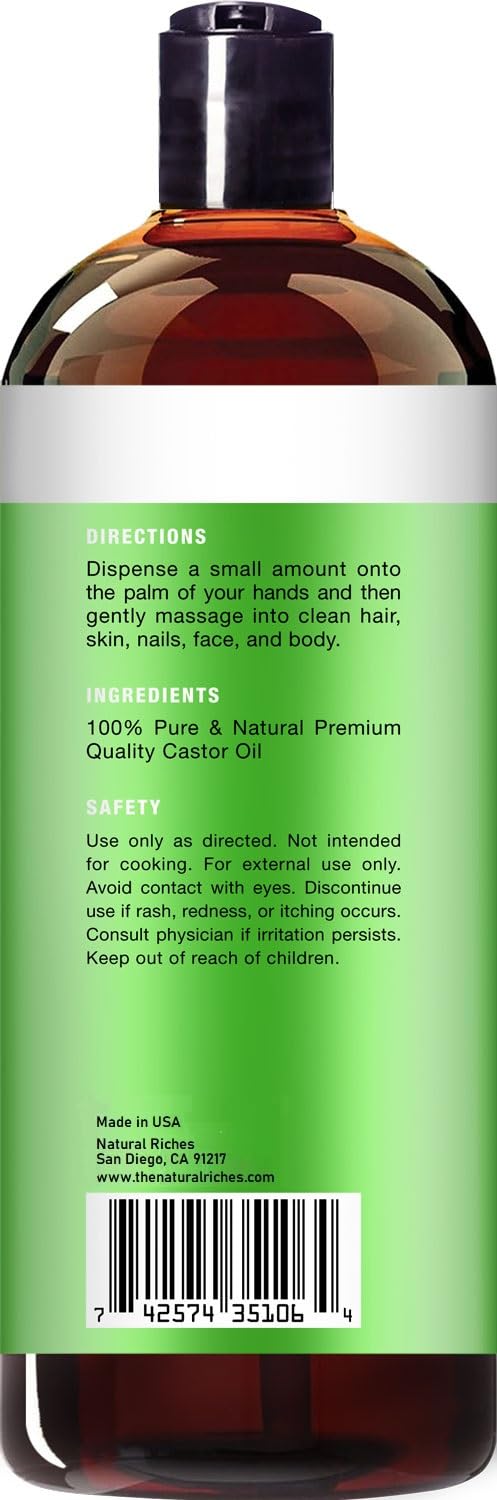 Natural Riches Organic Castor Oil - Cold Pressed, USDA Certified for Hair Growth, Thicker Eyelashes, Eyebrows - Moisturizes Dry Skin and Hair, Helps with Dandruff - Hexane-Free, 16 fl. oz.