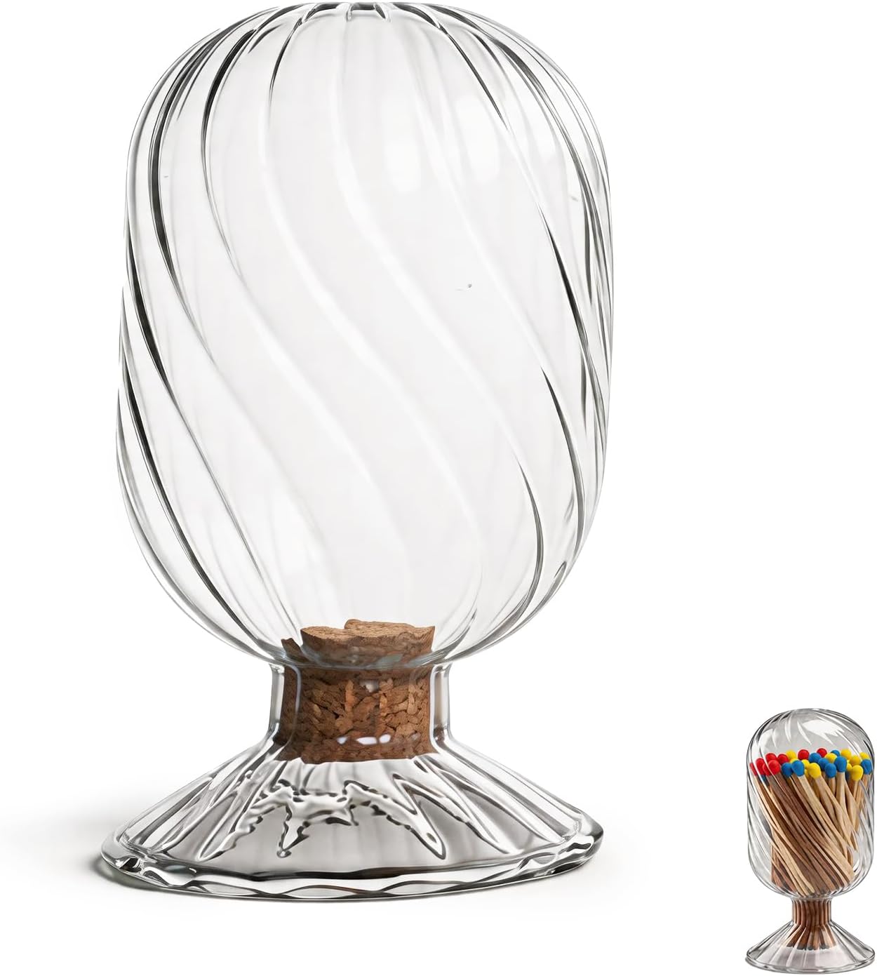 Clear Glass Match Holder Jar with Swirl Pattern, Decorative Match Storage Bottle with Cork Lid & Footed Base for Home & Bar