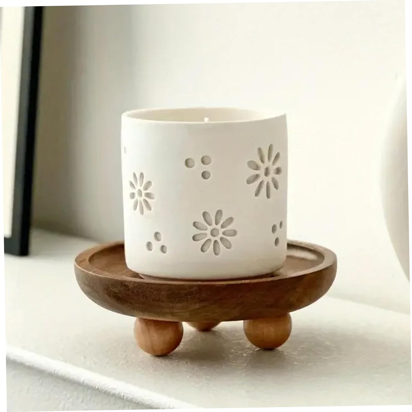 Wood Tray, Rustic Candle Plate with Legs for Soap, Perfume, Keys, Vanity Tray for Kitchen, Bathroom, Entryway, Round Small Wooden, Small Wood, Candle, Holder, D