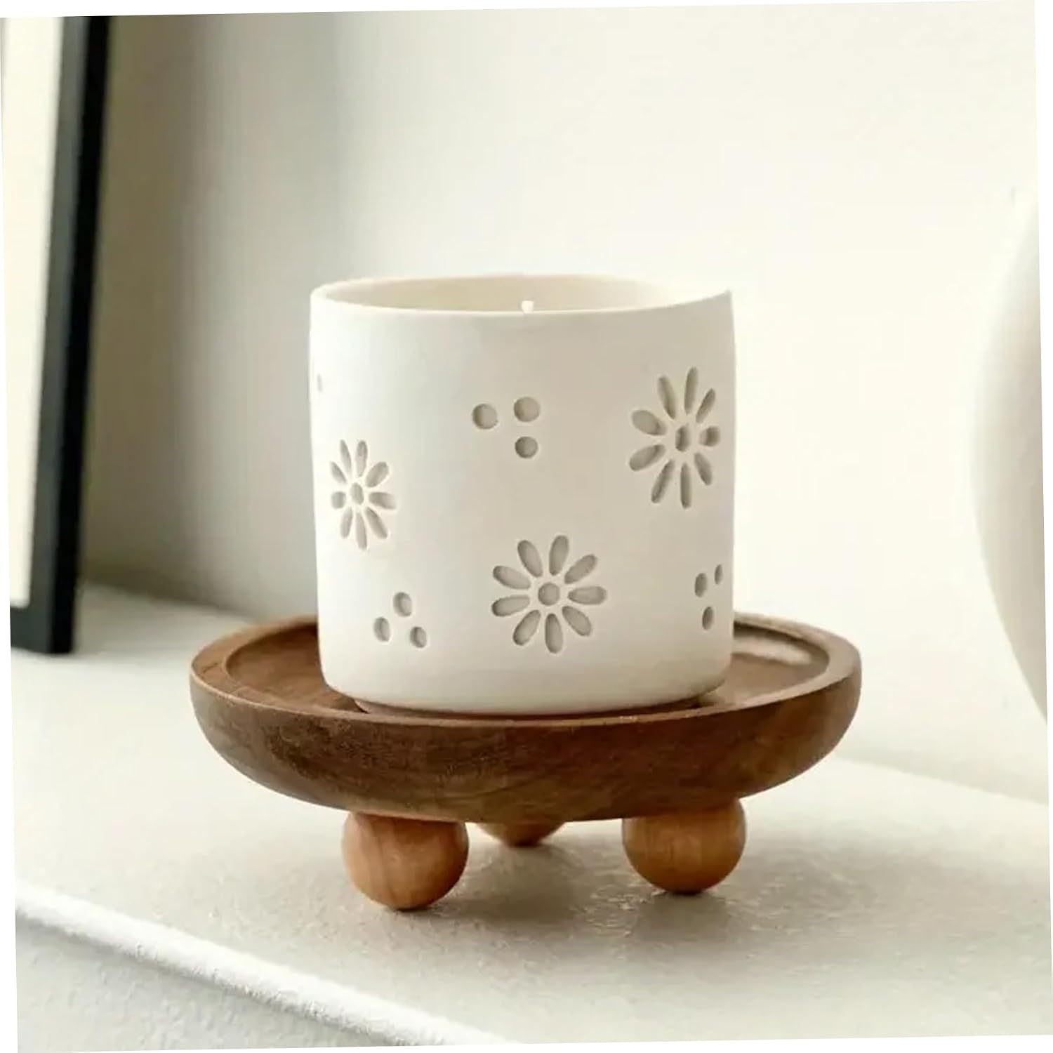 Wood Tray, Rustic Candle Plate with Legs for Soap, Perfume, Keys, Vanity Tray for Kitchen, Bathroom, Entryway, Round Small Wooden, Small Wood, Candle, Holder, D