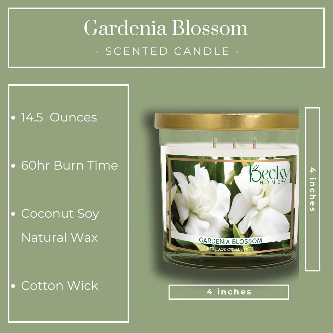 Gardenia Blossom 3 Wick Candle, 14.5oz, Large, Traditional, White, Glass Jar, 4" H x 4" D, 60+ Hour Burn Time, Indoor Use, 1 Count
