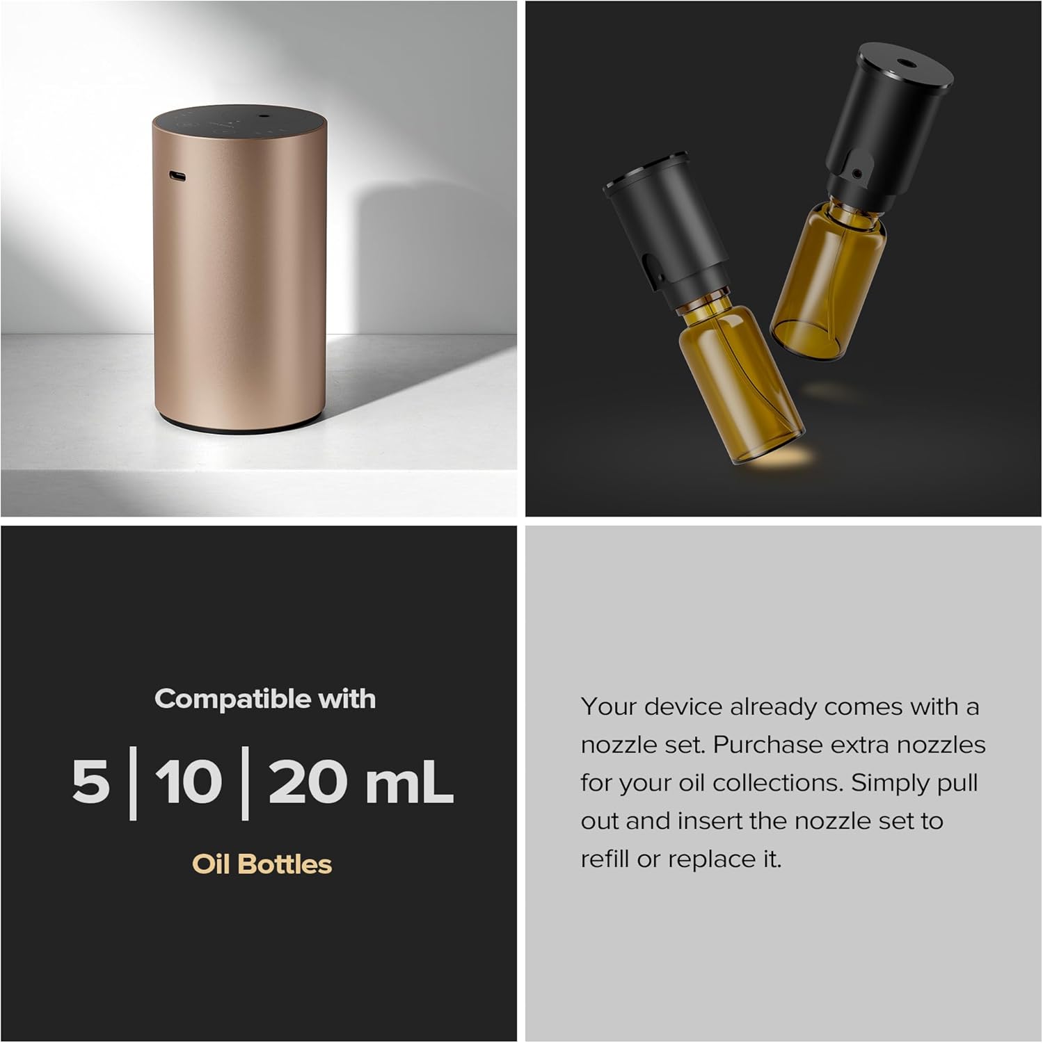Waterless Essential Oil Diffuser Starter Kit with 30mL Santal Lux Fragrance Oil Inspired by Luxury Hotel Scent for Home Car Office, Aroma Air Diffuser, Baterry Operated, ADX-Kit Metal Desert Titanium