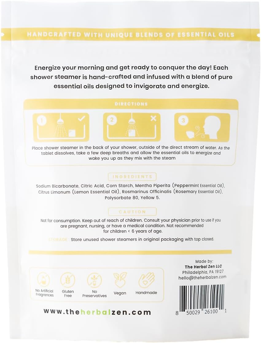 Morning Energy Shower Steamers Aromatherapy 10 Pack - Energizing Peppermint and Lemon Essential Oils for Morning Energy - USA Made Natural Shower Bombs Aromatherapy Gift - The Herbal Zen