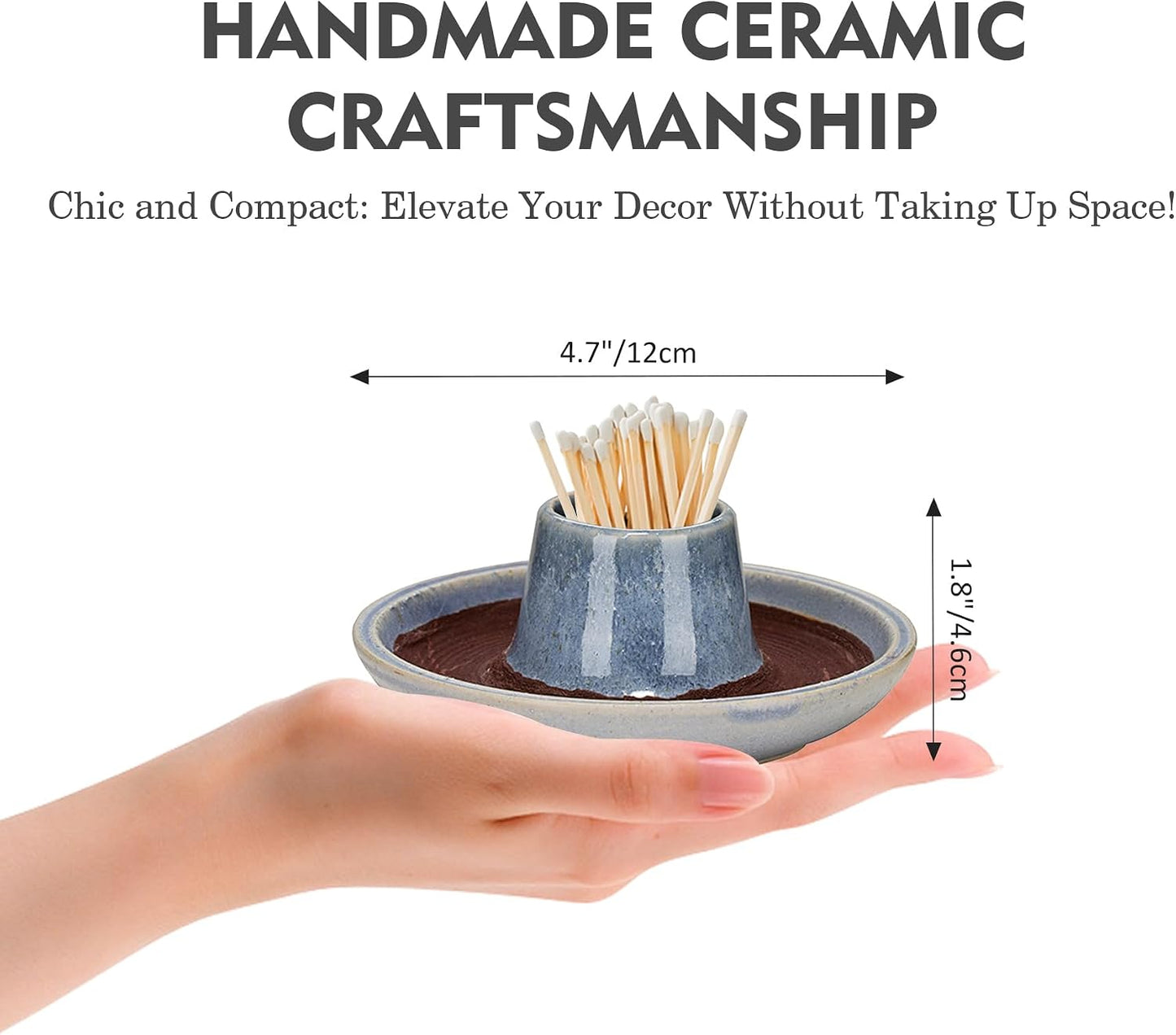 SANDOO Handmade Ceramic Match Holder with Striker - Works with All Matches,Decorative Match Holder,Match Stick Holder,Candle Accessory,Aesthetic Home Decor for Fireplace,Matches not Included,4.7"x1.8"