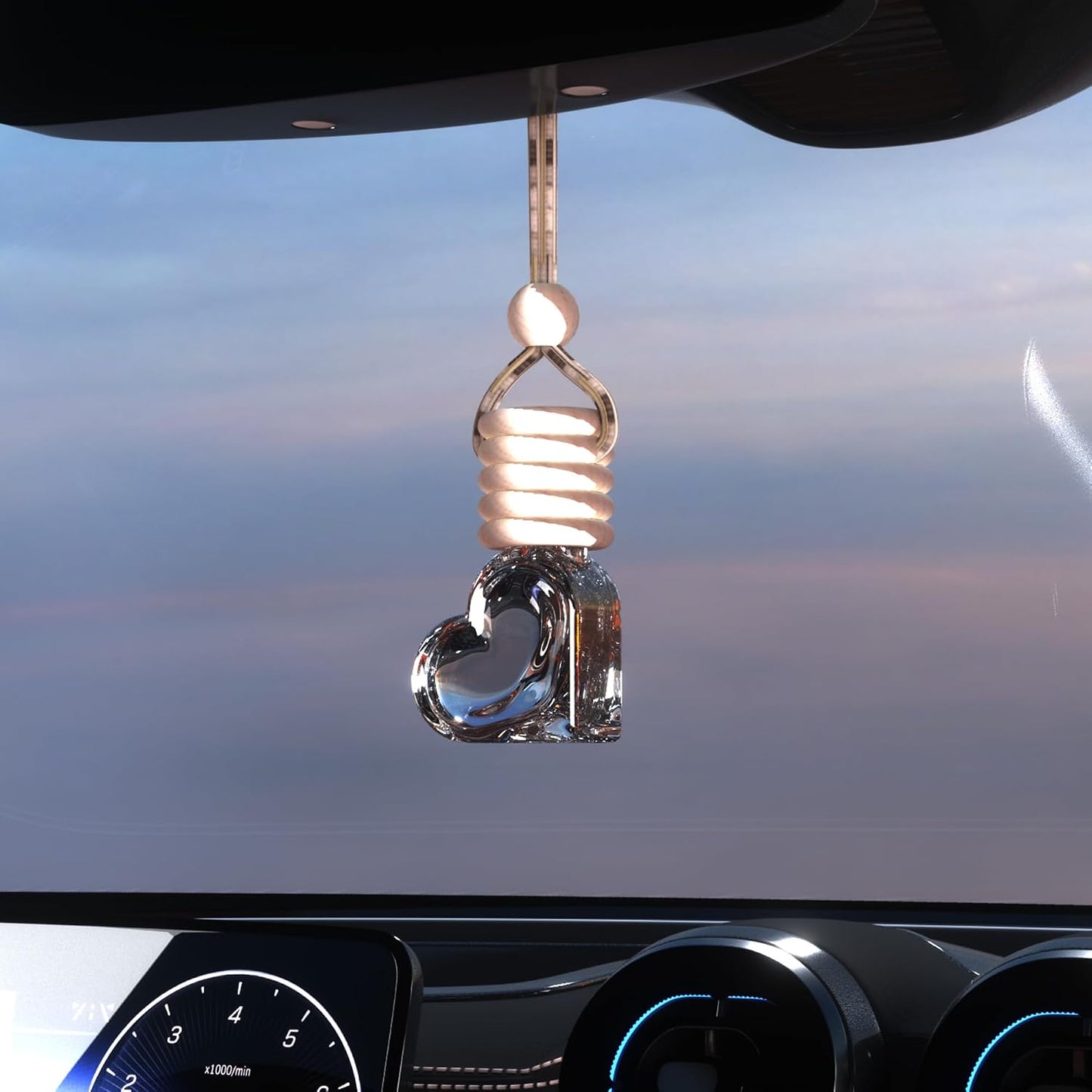 5PCS Hanging Car Air Freshener, Auto Interior Decoration 8 ml Oil Diffuser Perfume Aromatherapy Pendant Empty Glass Bottle, Fragrance Ornament with Vent Clip Wooden Cap and Rope (Heart)