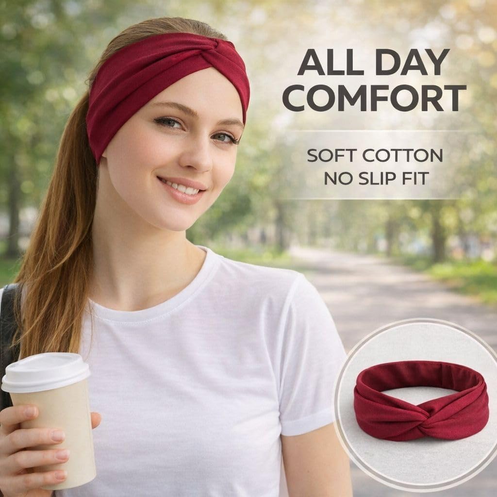 Wide Headbands for Women – Soft Cotton Twist Headband, 3.95" Extra Wide, Non Slip Workout Yoga Hair Band – One Size