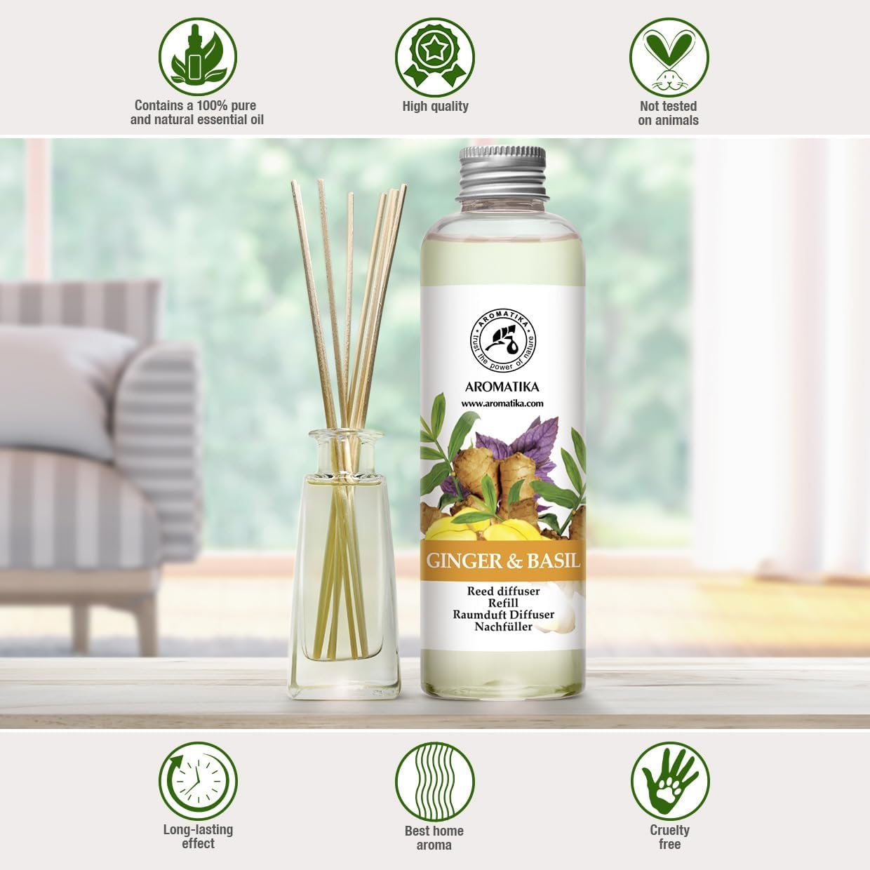Reed Diffuser Refill Ginger & Basil 6.8 Fl Oz - Aroma Diffuser with Essential Ginger Oil - Fragrance Diffuser - Spicy and Fresh Fragrance - Natural Fragrance - Aromatherapy - Air Freshener