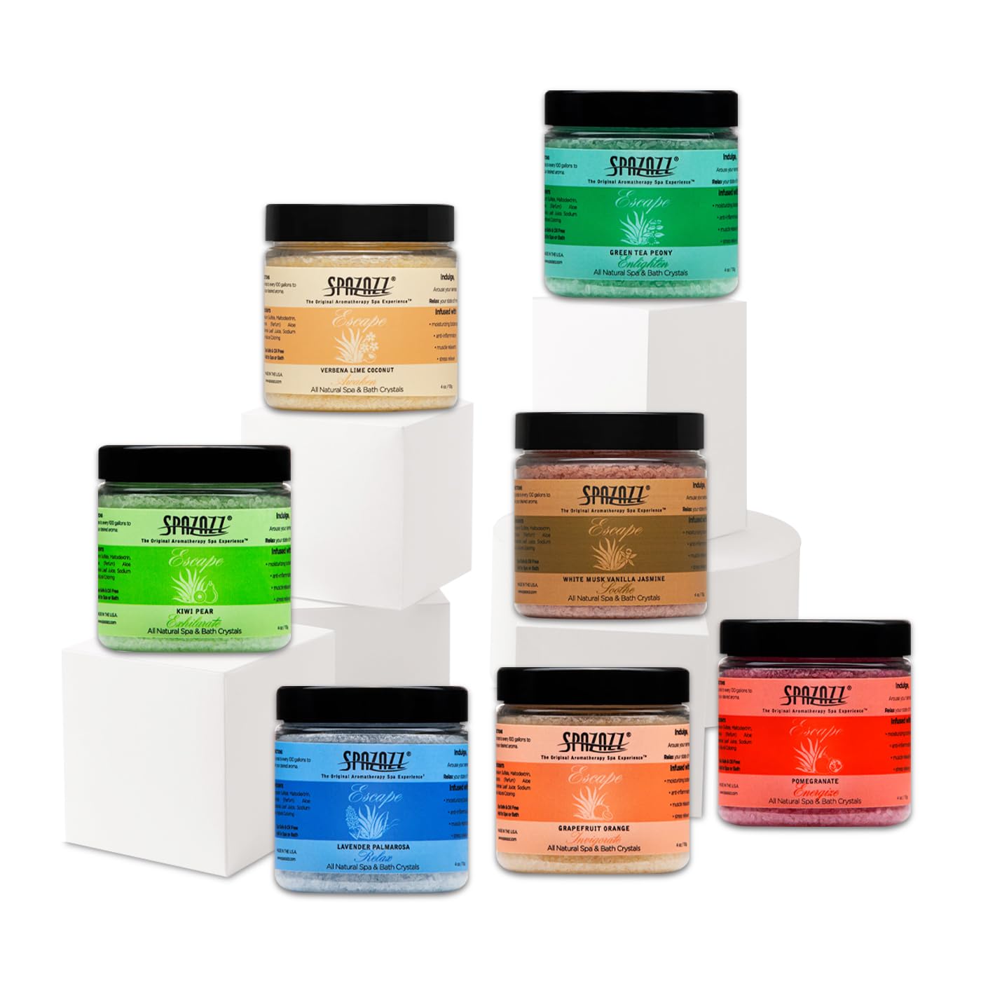 Hot Tub & Spa Bath Salt Aromatherapy Crystals - Spazazz Escape Collection 4 Oz 7-Pack Sampler & Hot Cold Towel - Lavender, Lime Coconut, Green Tea, Vanilla Jasmine, Kiwi Pear, Grapefruit, Pomegranate