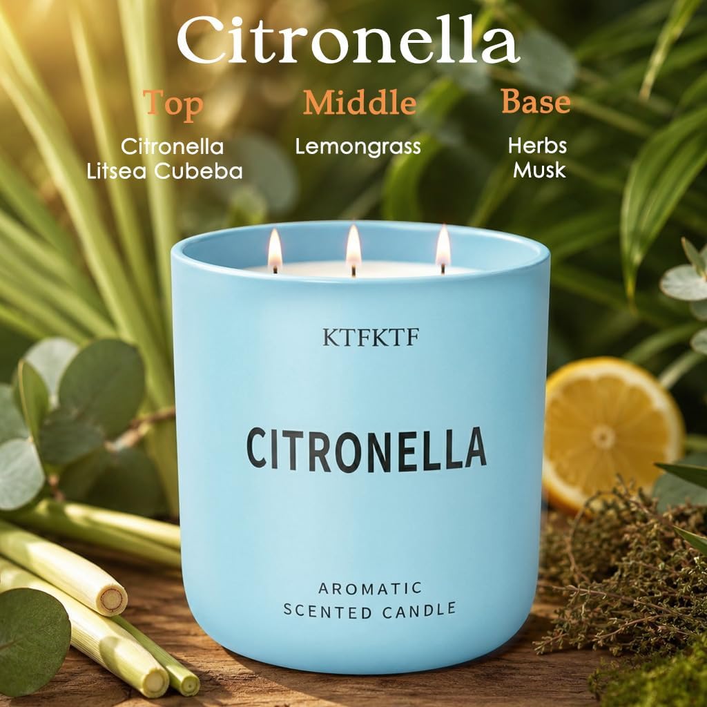 Citronella Candles Outdoor - 14.1oz Large 3 Wick Jar Candle with 80 Hour Burn, Natural Soy Wax, Non-Toxic Outdoor Candle for Patio, Camping, Backyard & Home