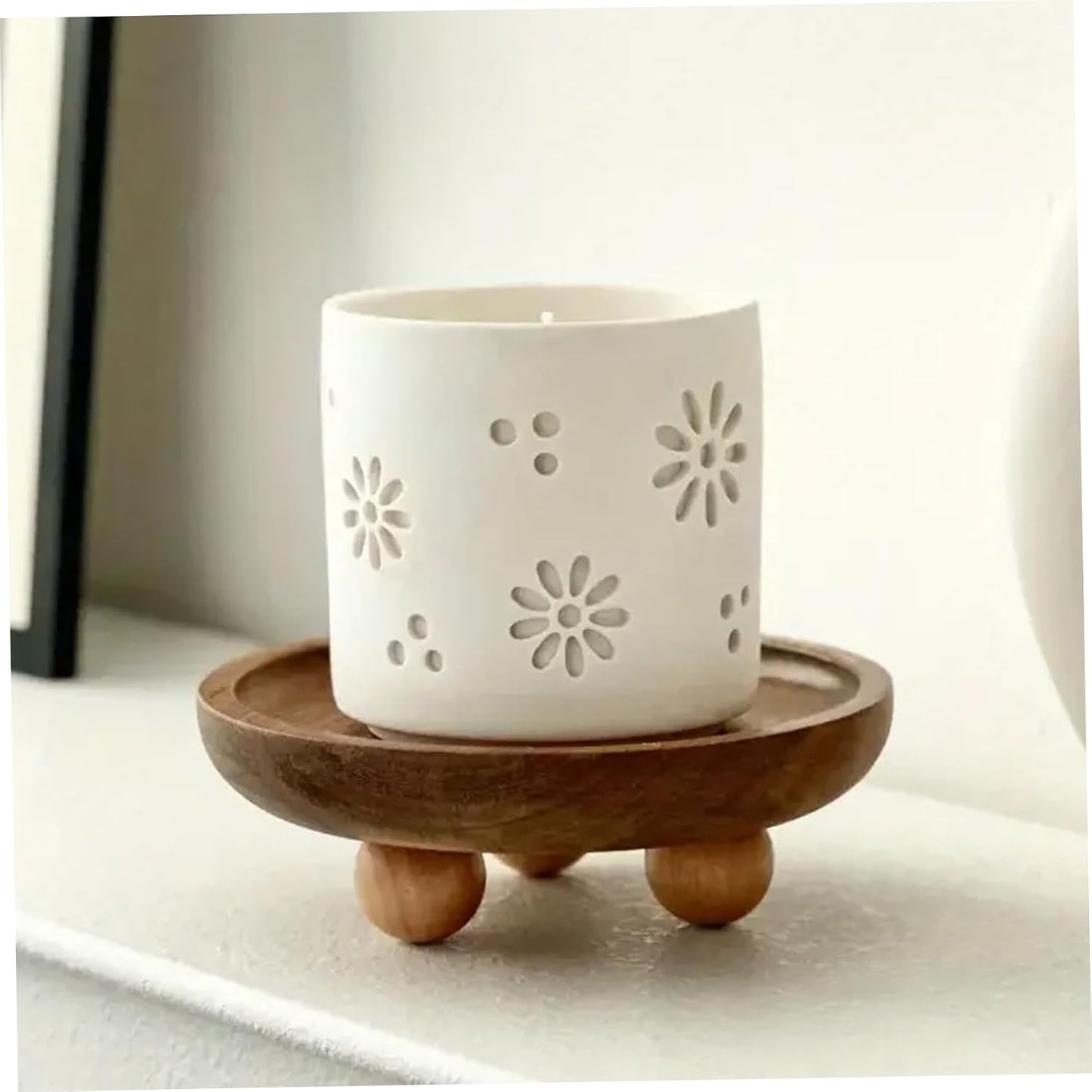 Rustic Wood Tray Decorative Candle Plate with Legs for Vanity Kitchen Bathroom Entryway Display Small Holder for Soap Perfume Keys Home Decor Countertop Accessory, Round