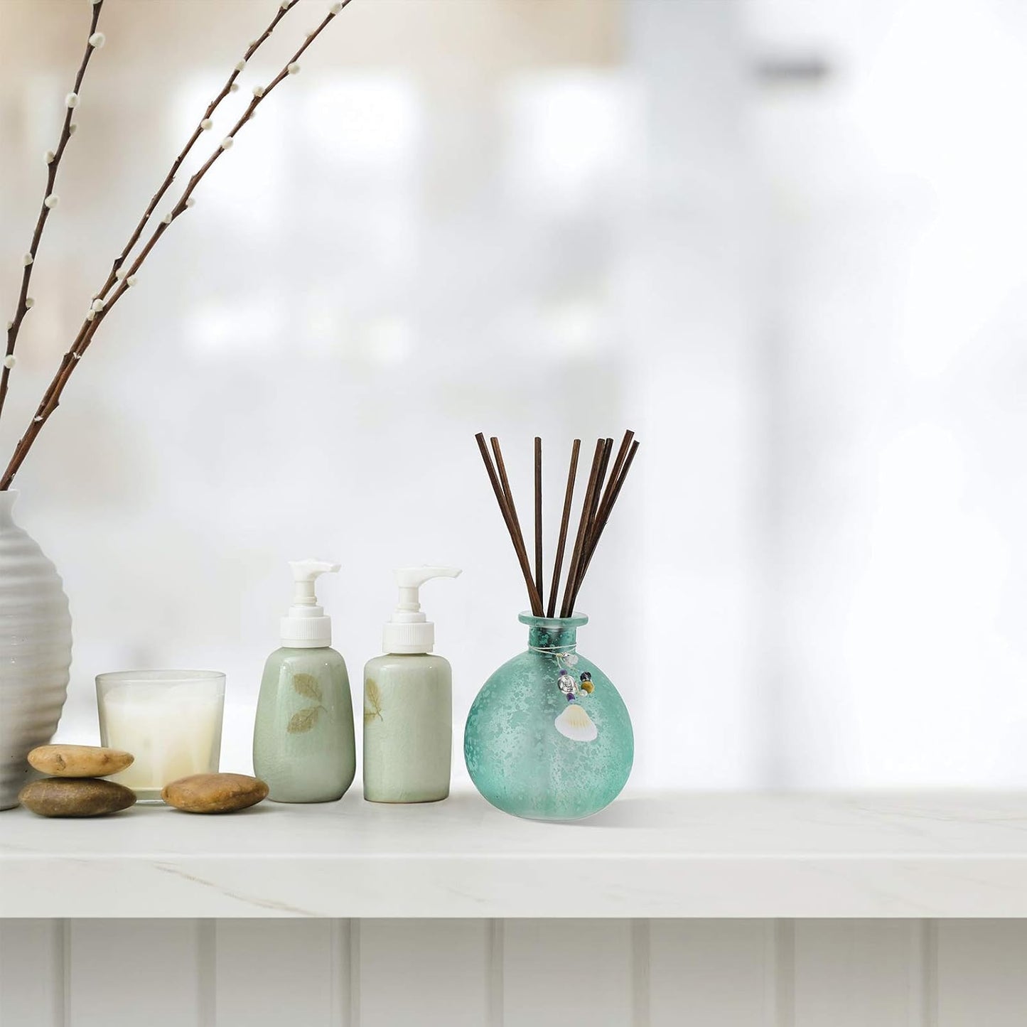 Reed Diffuser, Onesky Ocean Mist Home Fragrance Gift Set for Home Bathroom Office Elegant Decorations, Aromatherapy Oil Refill -3.4 fl oz Essential Oil&8 Reed Sticks&Blue Snowflake Round Bottle