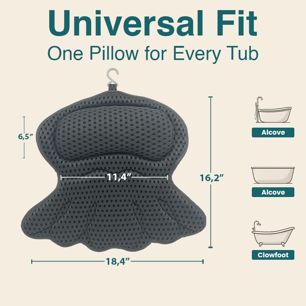 Bath Pillows for Tub, Bath Pillow Luxury Bathtub Pillows for Head and Neck Support - With 4D Air Mesh Fabric & Strong 6 Suction Cups, Tub Pillow For Bathtub, Bath Accessories & Spa Gifts For Women Men