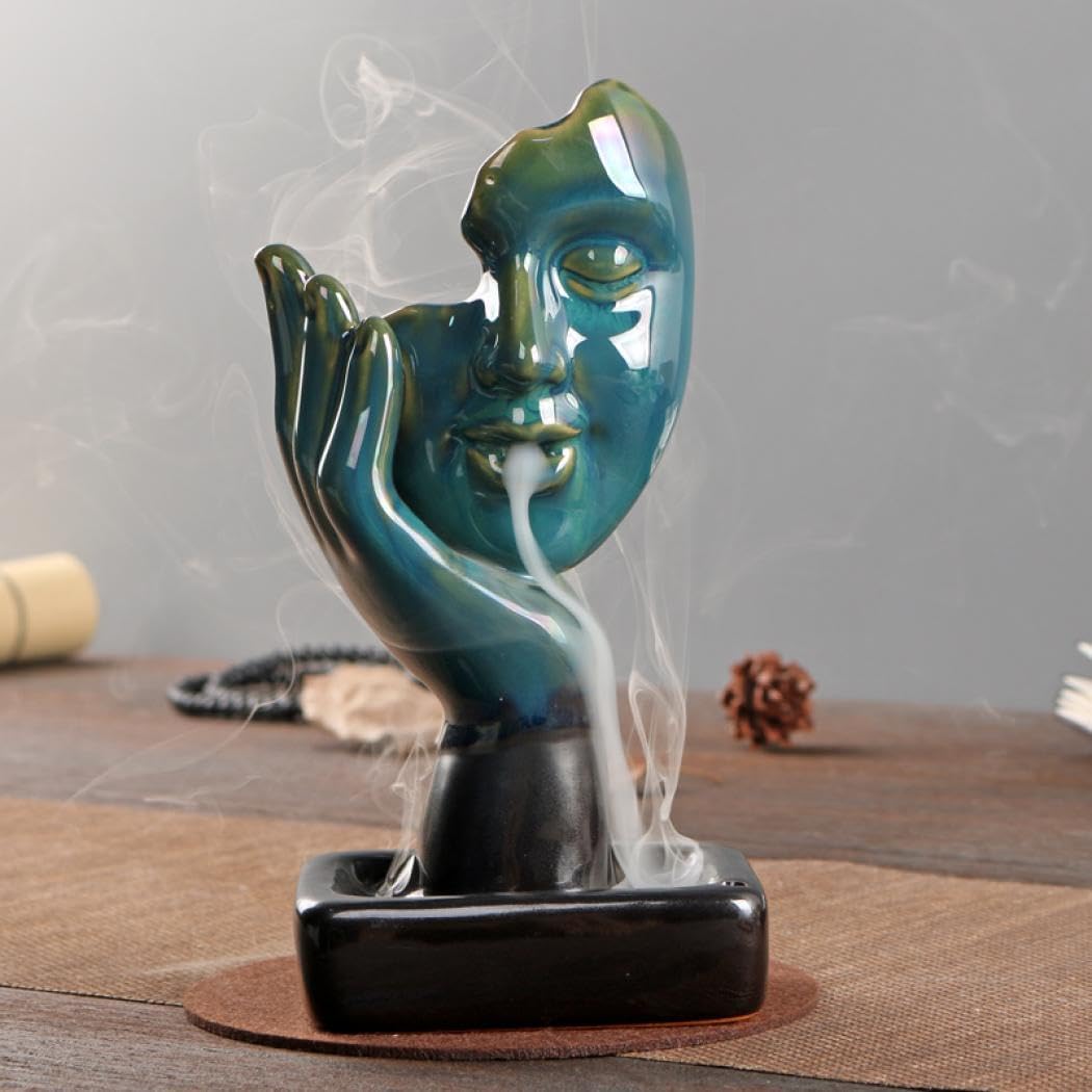 YYW Ceramic Incense Holder,Meditative Backflow Waterfall Incense Burner,Face Thinking Incense Waterfall with 20 Backflow Incense Cones + 30 Incense Stick for Women Men Room Decor