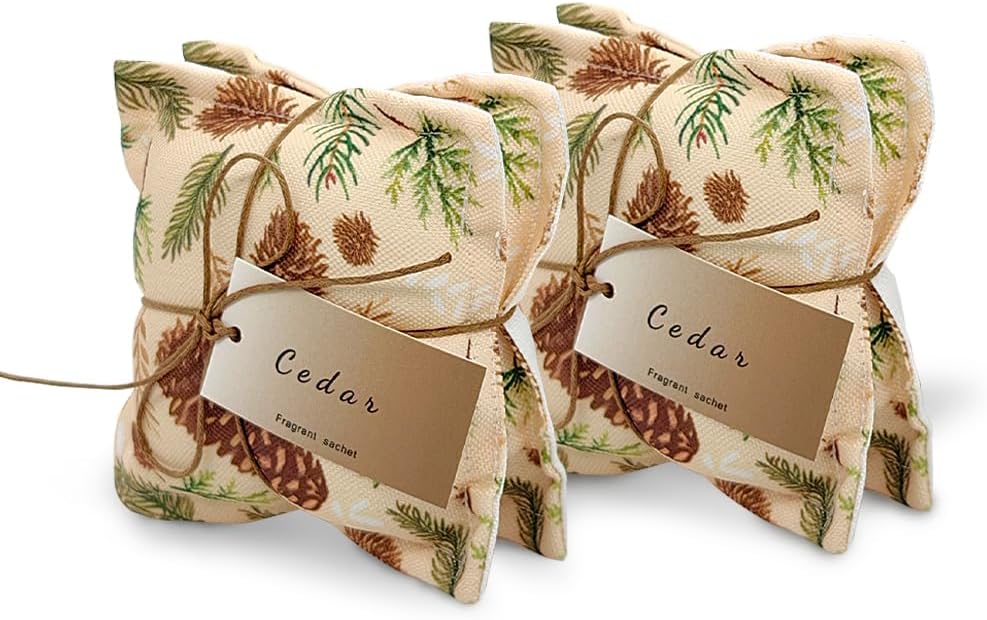 AUCUDA 4 Pack Cedar Scented Sachet Bags Pillow for Drawers and Closets, Potpourri Packets for Women Clothes, Handcraft Wedding Fragrance Mesh Pillow Summer, Bedroom Indoor Organza Fresheners Dried.