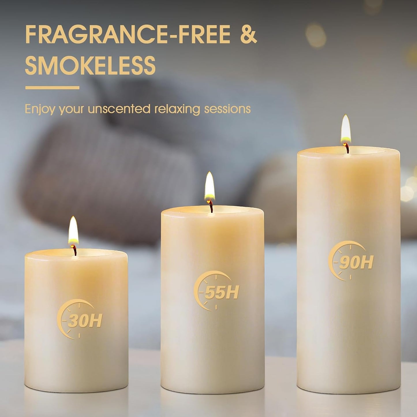Uscented Pillar Candles, Ivory Pillar Candle Set of 4, 3 x 3 Inch Dripless and Smokeless Large Pillar Candles for Dinner Table, Christmas and Home Decor 45 Hours Long Burning Time