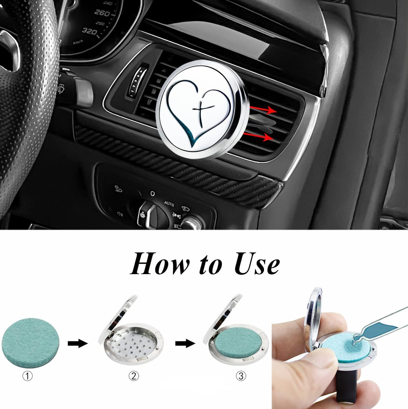 AZNECK Car Essential Oil Diffuser Vent Clip - Cross Love Style - Stainless Steel - 10 Refill Pads - Car, Office, Bedroom, Bathroom - Aromatherapy - Magnetic Closure