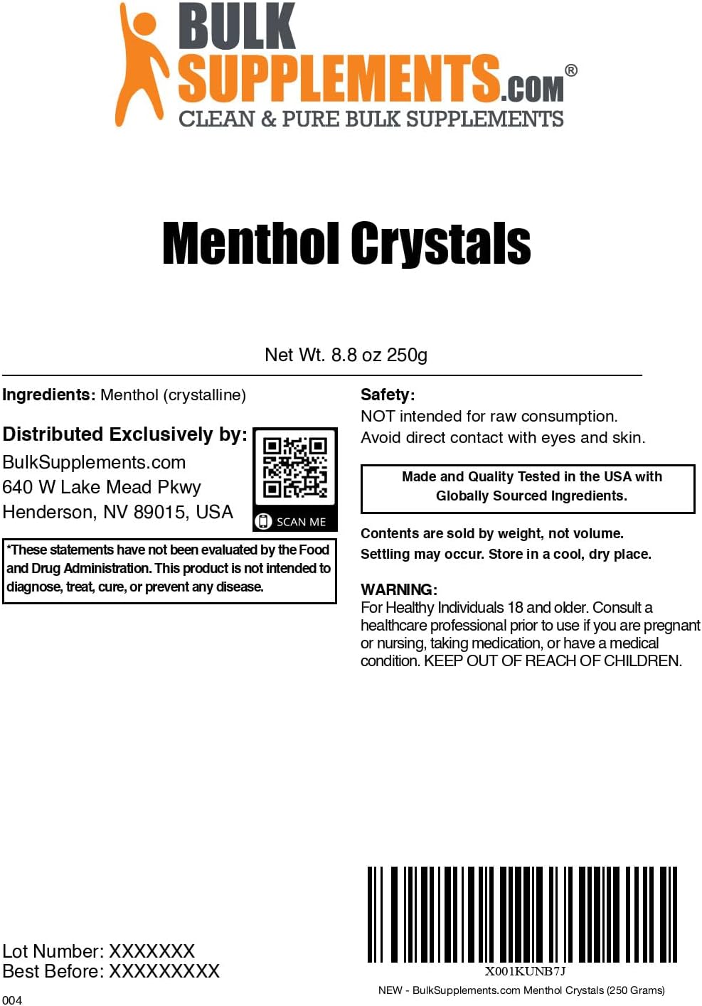 BulkSupplements.com Menthol Crystal - Natural Menthol Crystals - Menthol Crystals for Soap Making, for Shower Steamers Aromatherapy - Pure & Gluten Free, 250g (8.8 oz)