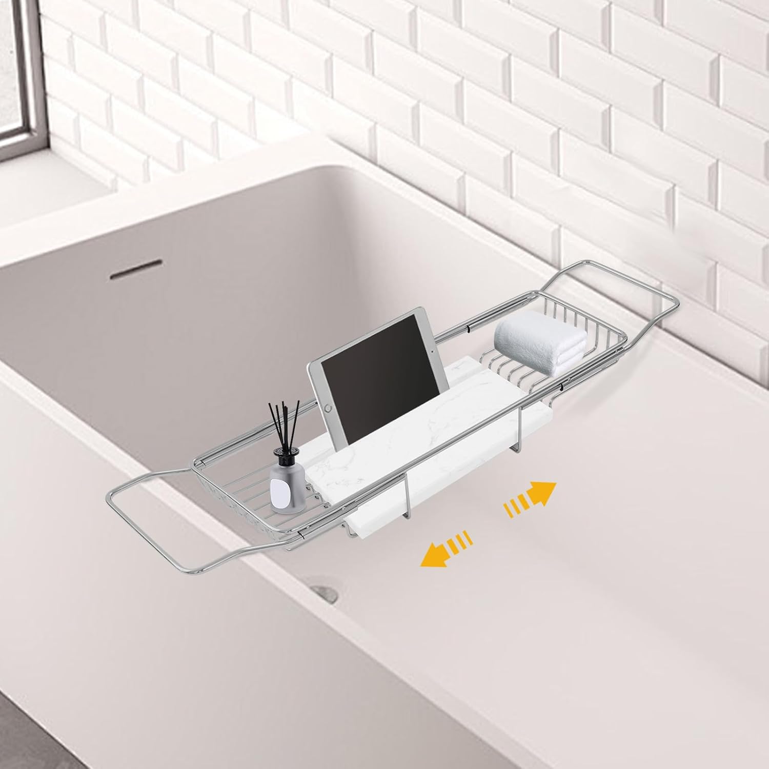 Stainless Steel Bathtub Tray for Large Soaking Tub, Metal Expandable | Wide Bath Caddy Tray for Bathtub with Natural Marble Groove for Bath Spa, Silver Frame, Adjustable range (26.77 - 35.43in)