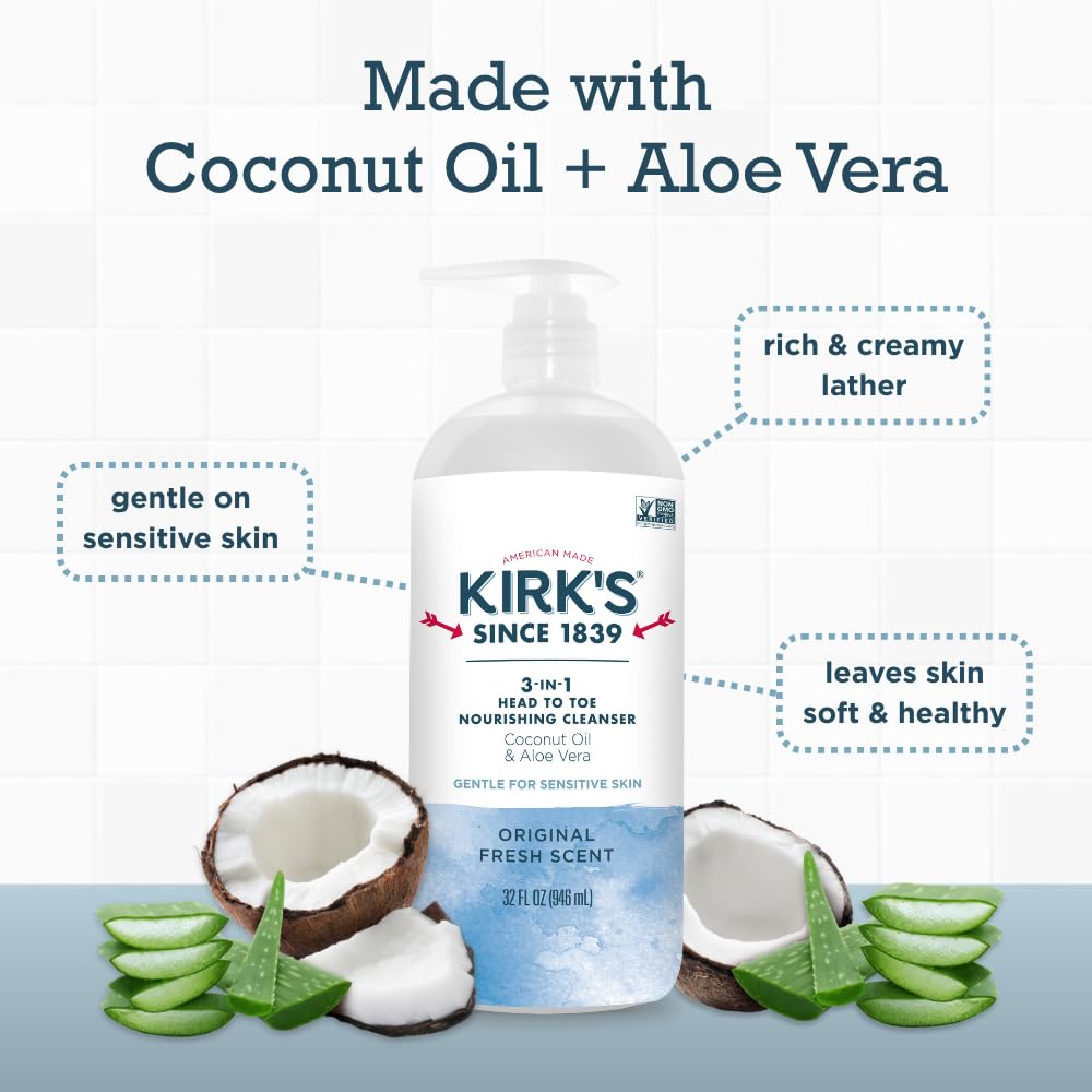 Kirk's Original Fresh 3-in-1 Nourishing Cleanser, Shampoo Body Wash Bubble Bath, Coconut Oil and Aloe Vera, Vegan Non-GMO, 32 Fl Oz, Pack of 2