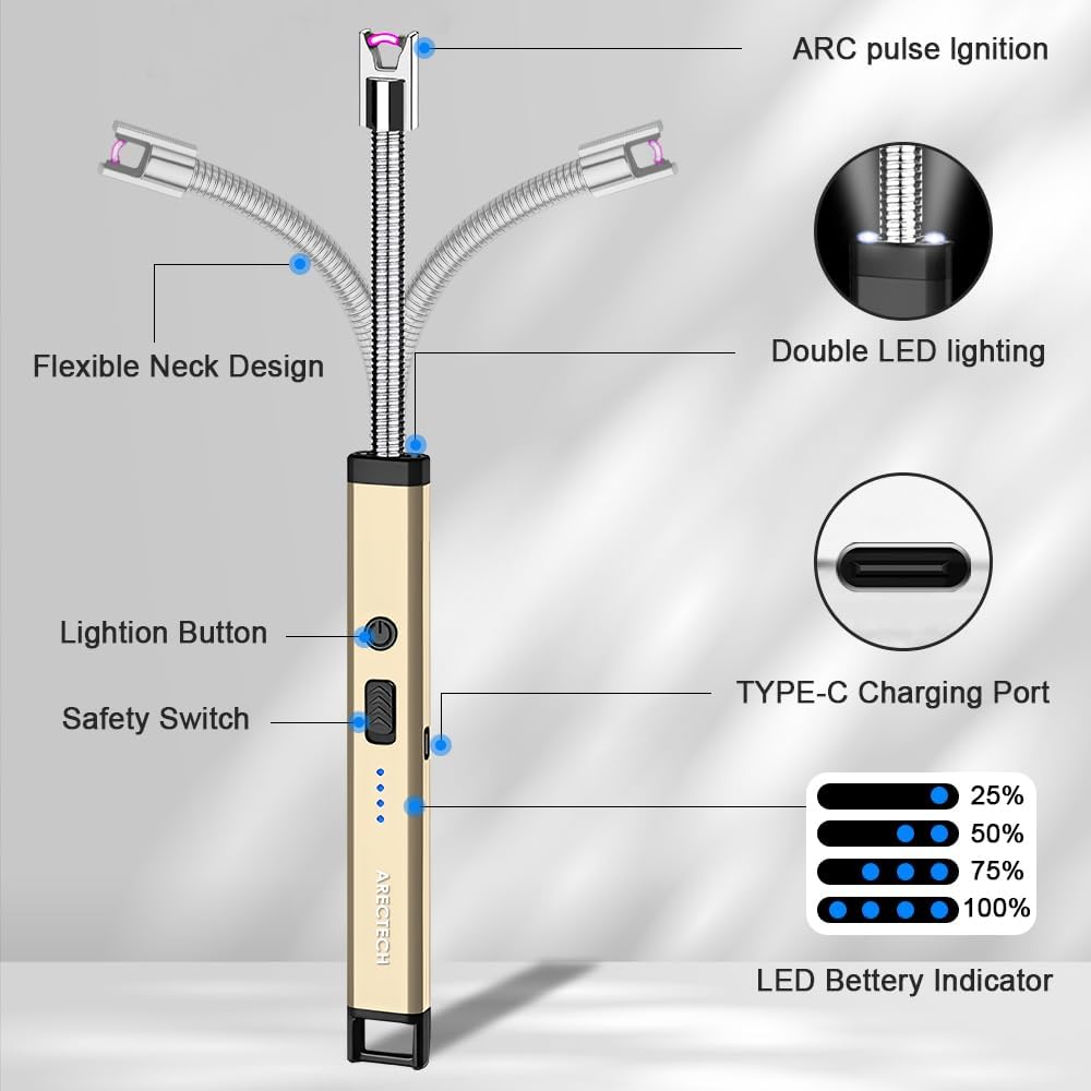 ARECTECH Candle Electric Lighter Rechargeable USB Arc Lighter for Candle Camping Fireworks Christmas Birthday Gifts with LED Light for Men Women Gold