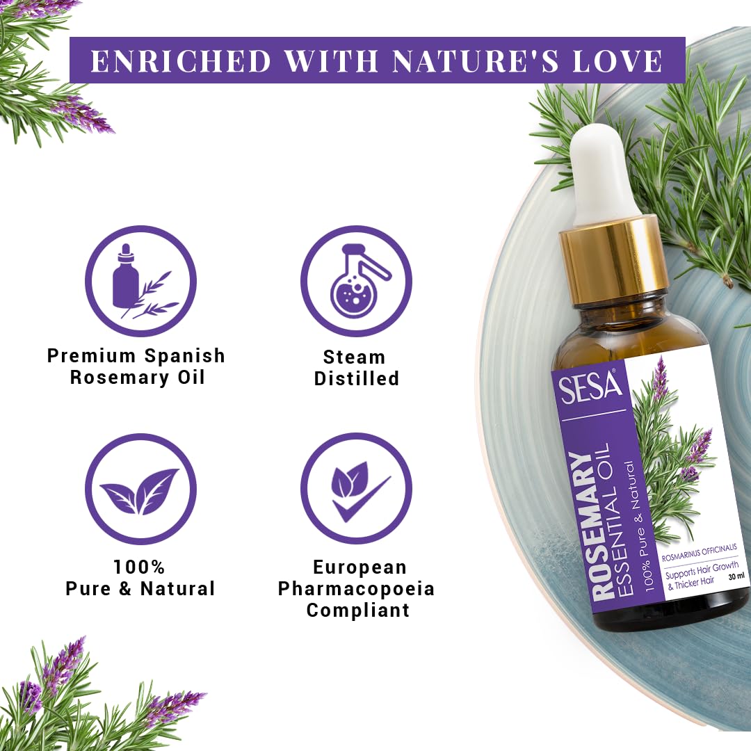 sesa Rosemary Essential Oil For Hair Growth Nourishes Skin Hair Fall Control | 100% Pure & Natural Rosemary Oil, 30 ml | Men and Women