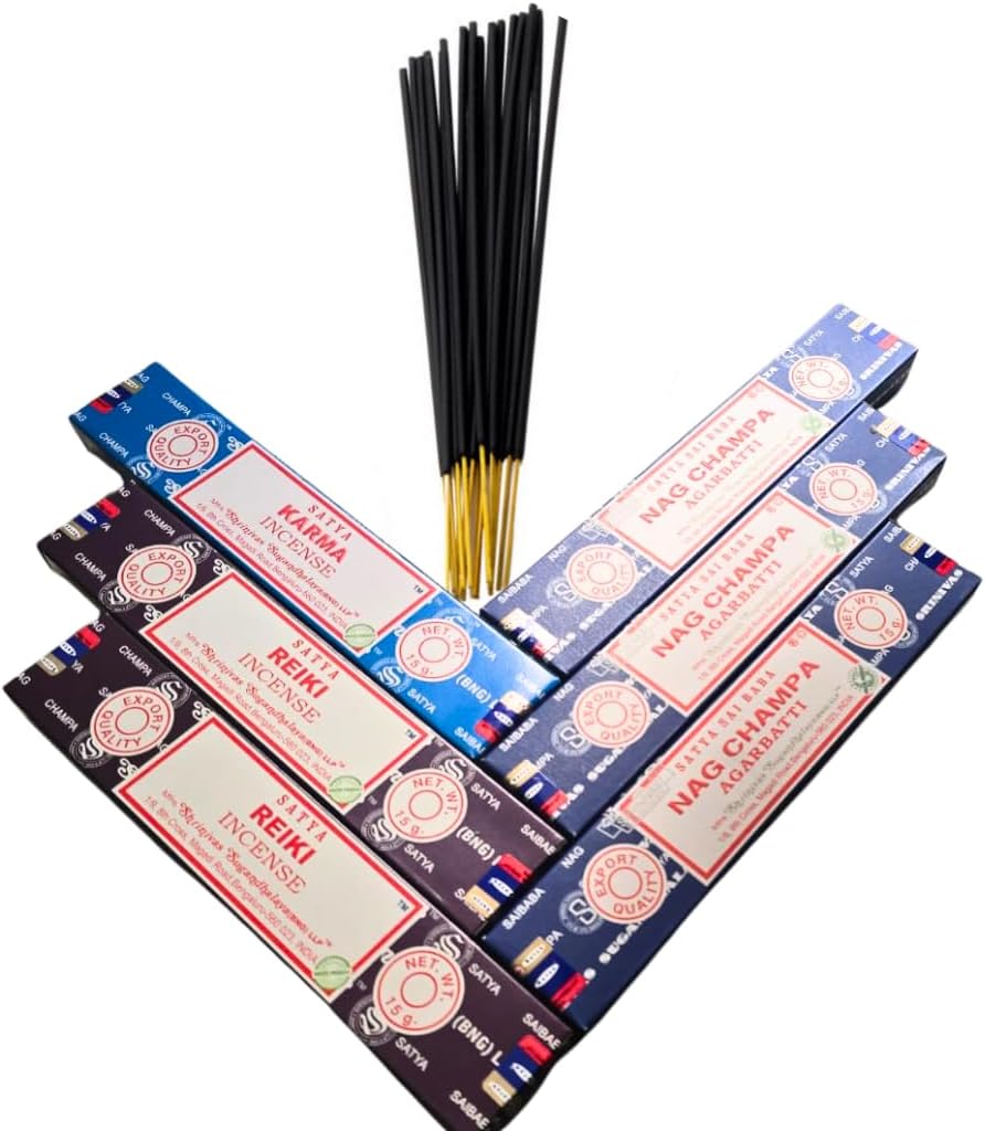Satya with ANKCIENSE Incense Holder Pack of 3 fragrances Variety Pack of 90 Sticks. Nag Champa, Reiki & Karma Insense Insence