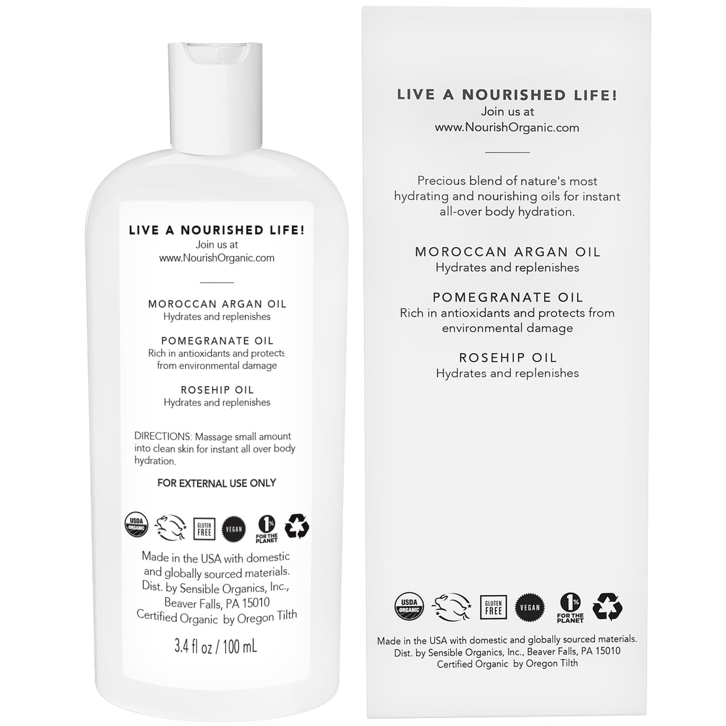Nourish Organic Replenishing Beauty Oil, For Body, Face and Hair with Pomegranate and Moroccan Argan, 3.4 Ounce