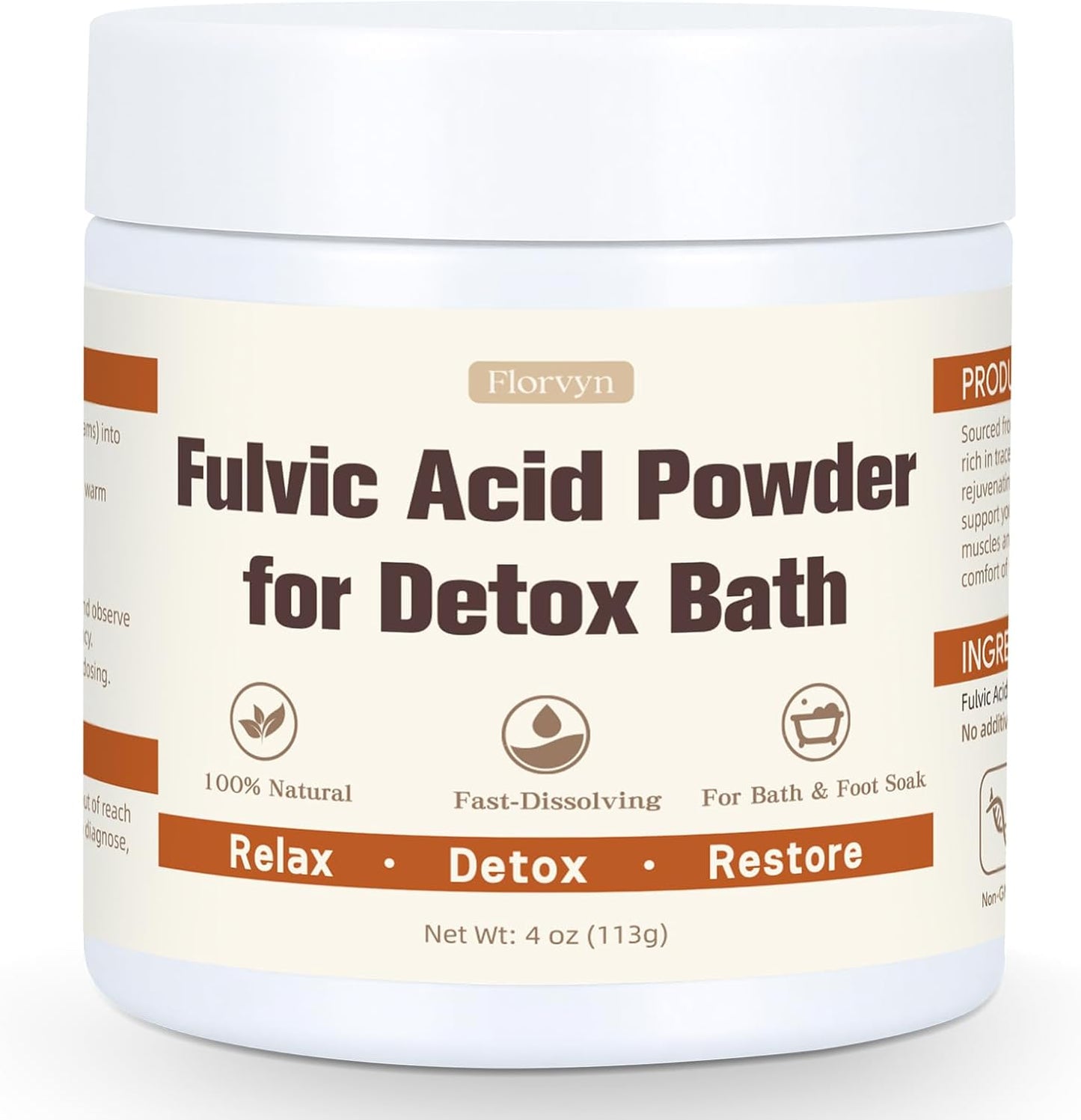 Fulvic Acid Detox Bath Powder 4oz – Natural Mineral Bath Soak for Foot & Body, Vegan Self-Care Spa Gift, No Additives, Gentle on Skin, Fast Dissolving, Includes 5g Scoop, Easy to Use