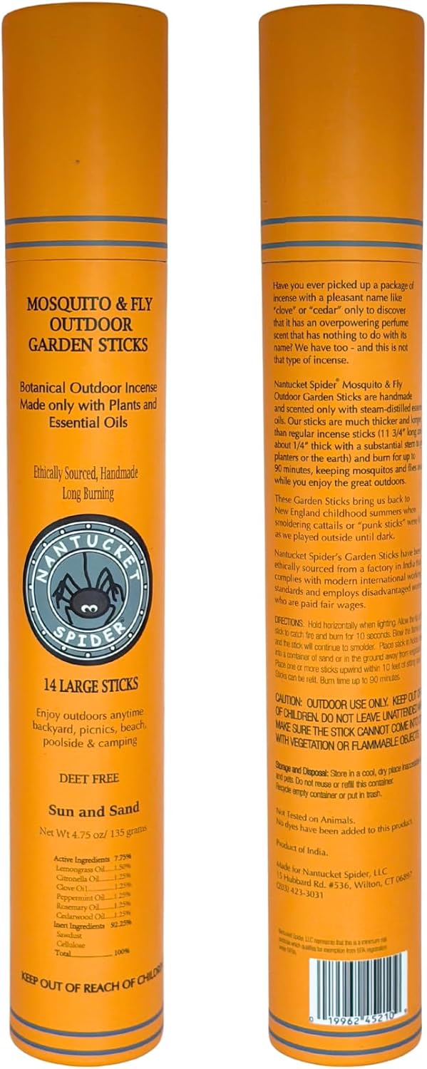 Nantucket Spider Garden Incense Sticks | Repellent for Mosquitos and Flies | Long Lasting with Pleasant Fragrance | Handmade Bamboo Based Sticks for Outdoor Use | Sun and Sand - Pack of 14
