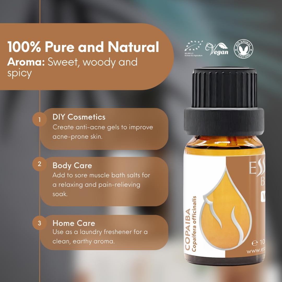 Essences Bulgaria Organic Copaiba Essential Oil 0.34 Fl Oz 10ml Copaifera officinalis - 100% Pure Natural Undiluted
