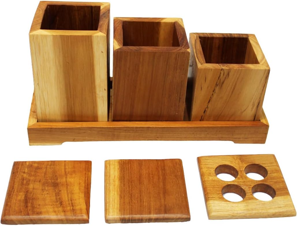 EcoDecors 29 inch Bath Caddy Tray for Bathtub with Eleganto 3 Piece Teak Wood Bath Amenities Set Bundle