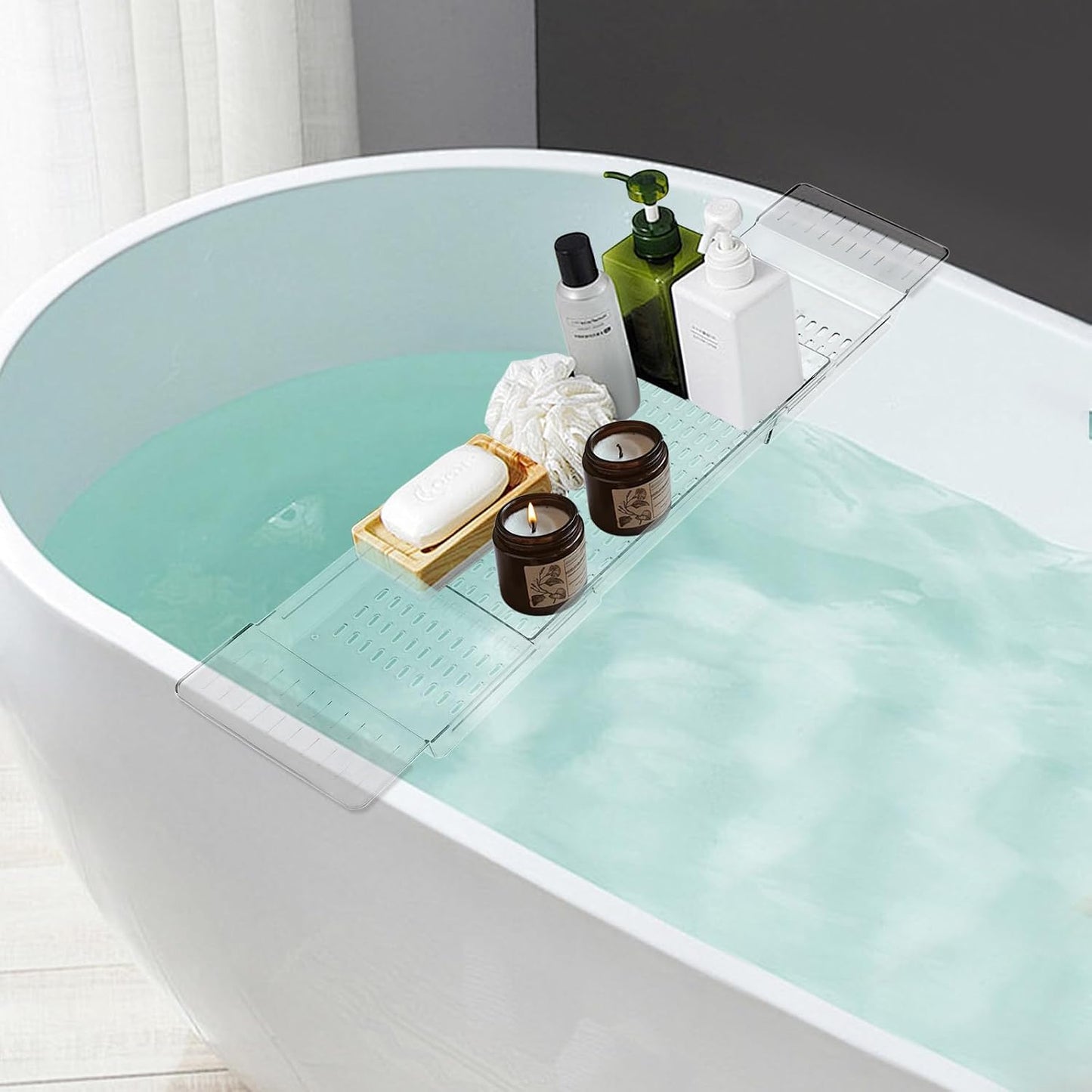 Expandable Clear Bathtub Tray, 24–32 in Slide-Out Flat Bath Shelf, Plastic Waterproof Spa Caddy for Tub & Shower, No-Slip Side Grips, Book Phone Wine Rest, Lightweight Easy-Wipe Storage Board