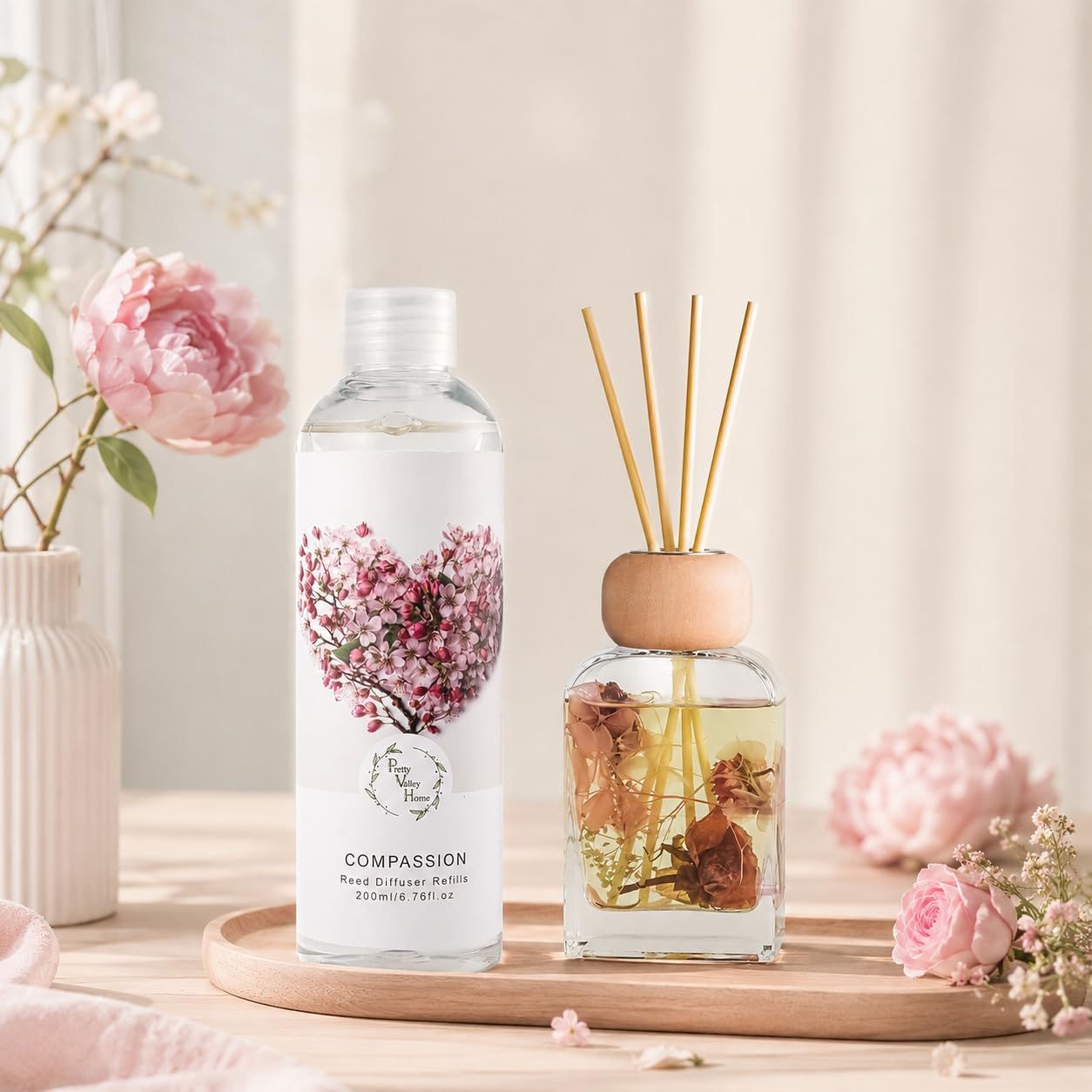 Reed Diffuser Refill, Peony & Rose Scented Oil 6.76 fl.oz / 200ml, Home Fragrance for Bedroom, Bathroom, Office Decor